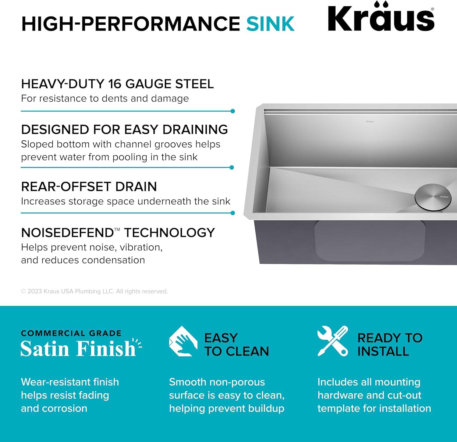 KRAUS Kore™ 28" L Undermount Workstation 16 Gauge Stainless Steel Single Bowl Kitchen Sink with Accessories