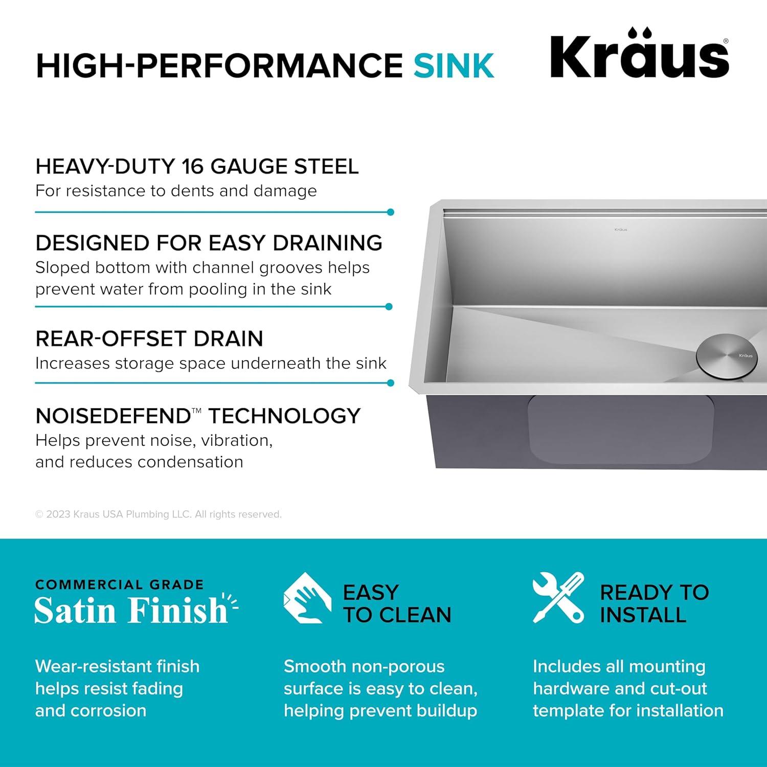 KRAUS Kore™ 28" L Undermount Workstation 16 Gauge Stainless Steel Single Bowl Kitchen Sink with Accessories