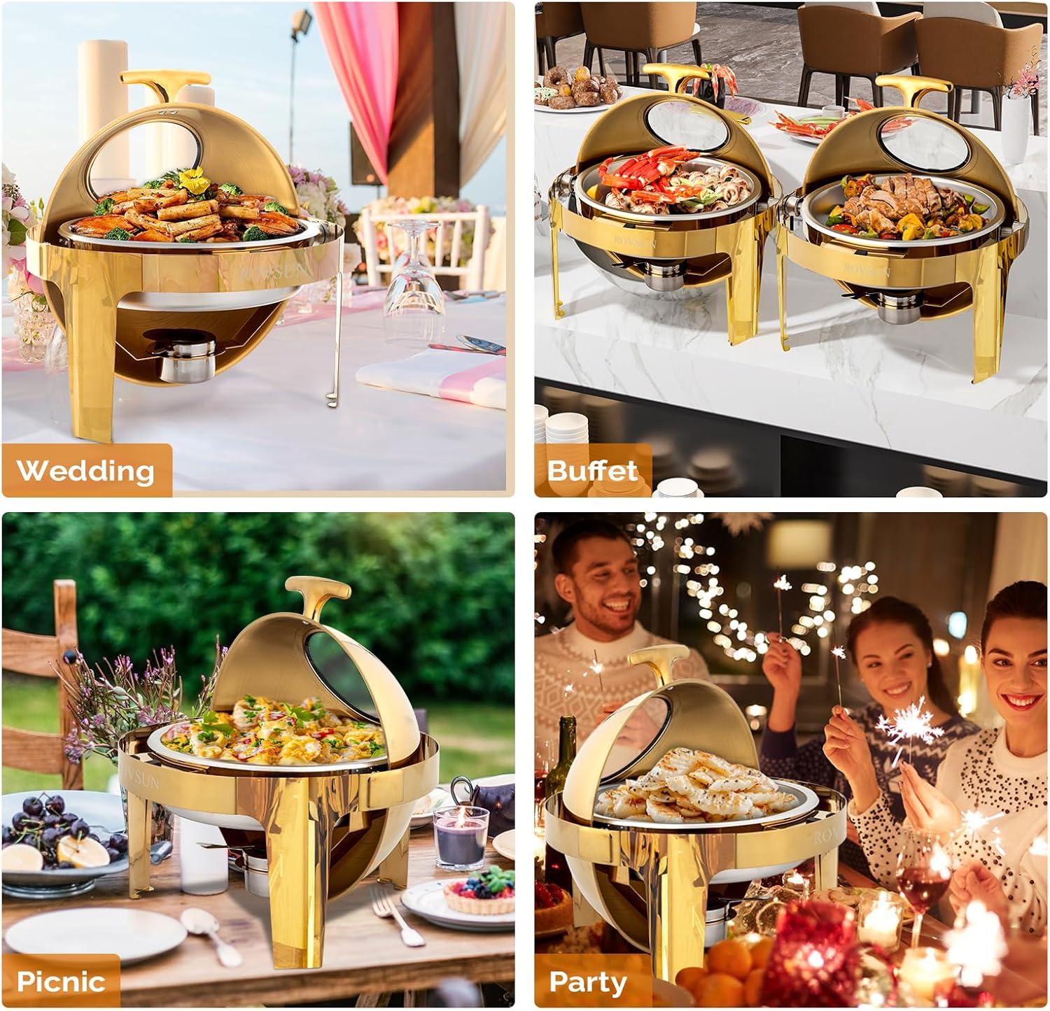 6 QT Gold Roll Top Round Chafing Dish Buffet Set with Glass Window