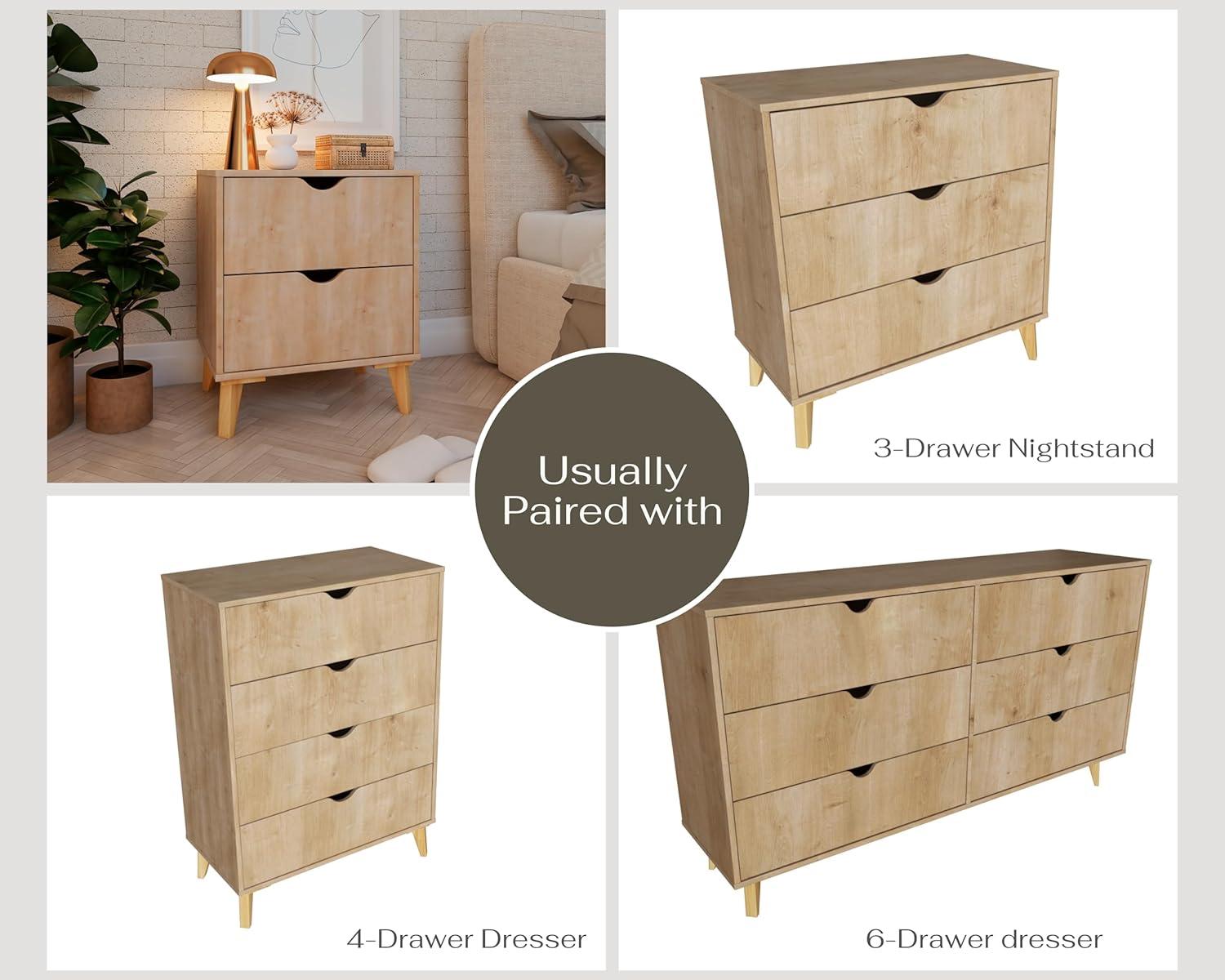 Natural Wood 2-Drawer Modern Nightstand