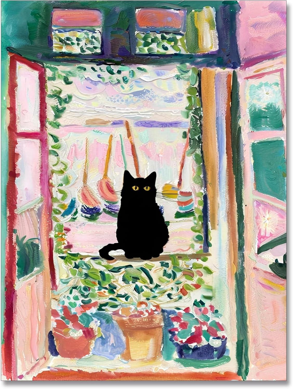 Henri Matisse Oil Paintings on Canvas Wall Art Matisse Famous Open Window Black Cat Poster Funny Cat Floral Print Colorful Farmhouse Gallery Aesthetic Room Decor for Bedroom Bathroom 12x16in Unframed