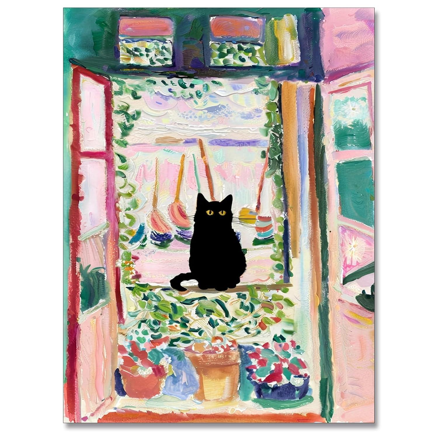Henri Matisse Oil Paintings on Canvas Wall Art Matisse Famous Open Window Black Cat Poster Funny Cat Floral Print Colorful Farmhouse Gallery Aesthetic Room Decor for Bedroom Bathroom 12x16in Unframed