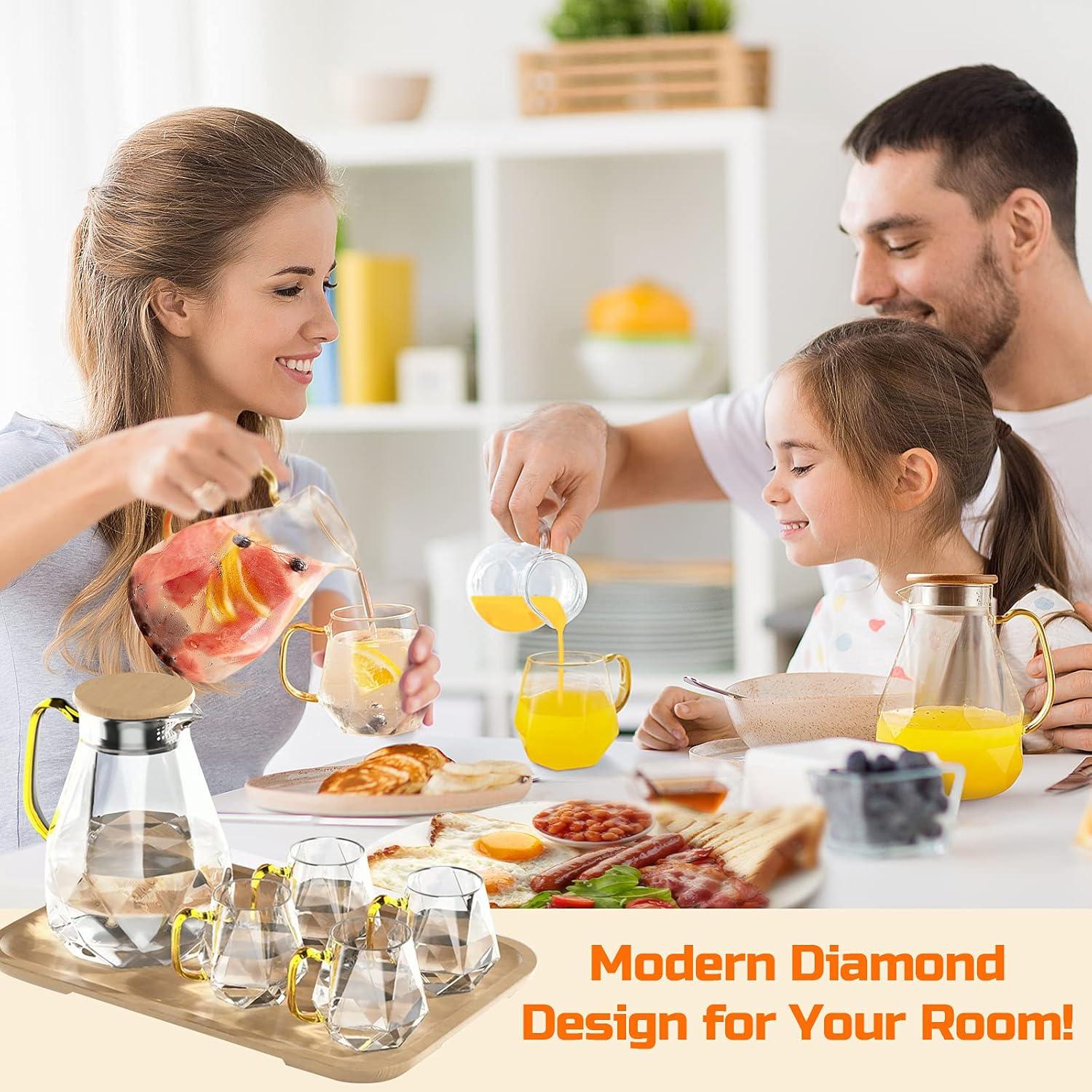 DUJUST Glass Pitcher Set (68 oz) with 4 Cups & 1 Tray, Elegant Diamond Design Water Pitcher with Handle, Durable Glass Jug for Fridge, Glass Carafe for Iced Tea/Juice/Beverage/Coffee/Drinks