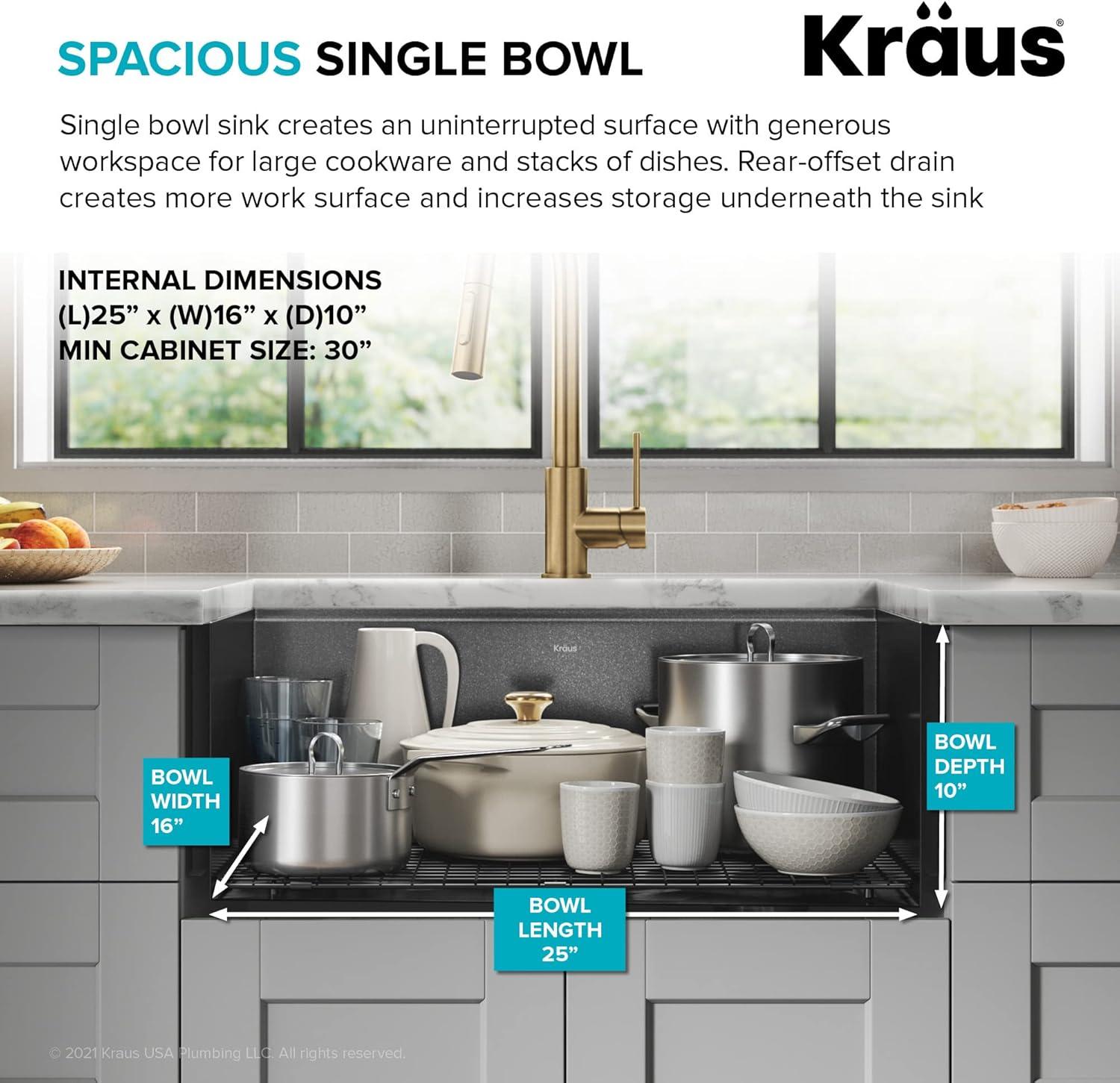 KRAUS Kore™ 27" L Farmhouse Apron Front Workstation 16 Gauge Black Stainless Steel Single Bowl Kitchen Sink