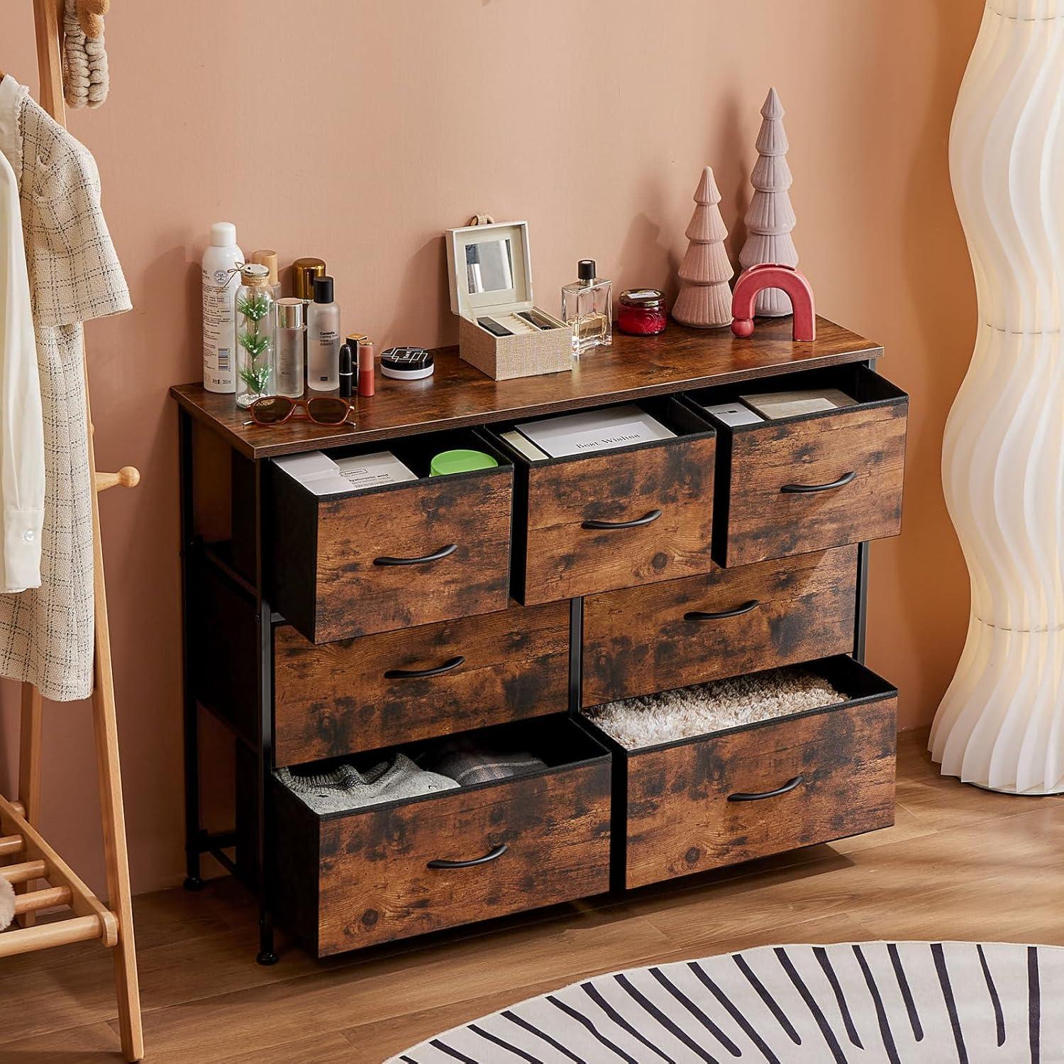 7 Drawer Dresser, Wide Chest Of Drawers Nightstand Storage Tower Storage Dresser Fabric Dresser With Wood Top for Living Room, Bedroom, Hallway, , Rust