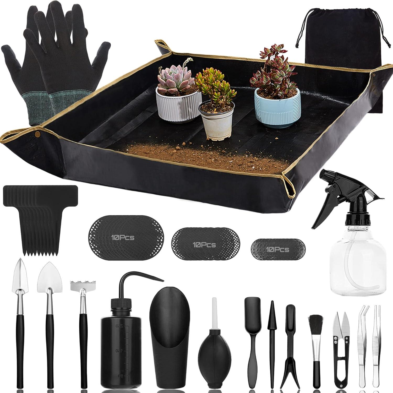 Succulent Tools Kit,57 Pcs Mini Garden Tools,Bonsai Tree Kit Plant Accessories Indoor Gardening Hand Tools with Repotting Mat, Succulent Kit for Plant Care,Gardening Gifts for Men & Women