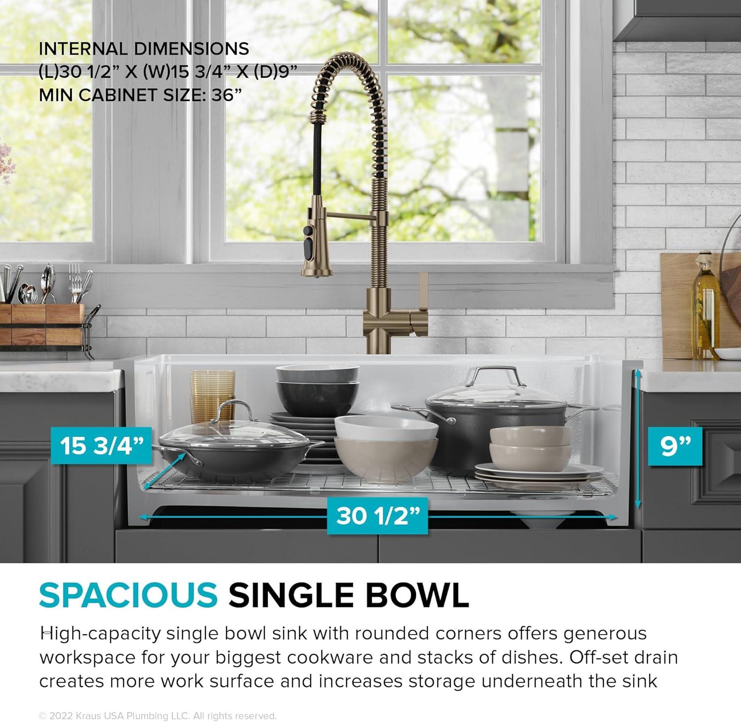 KRAUS Turino™ 33" L Farmhouse Reversible Apron Front Fireclay Single Bowl Kitchen Sink