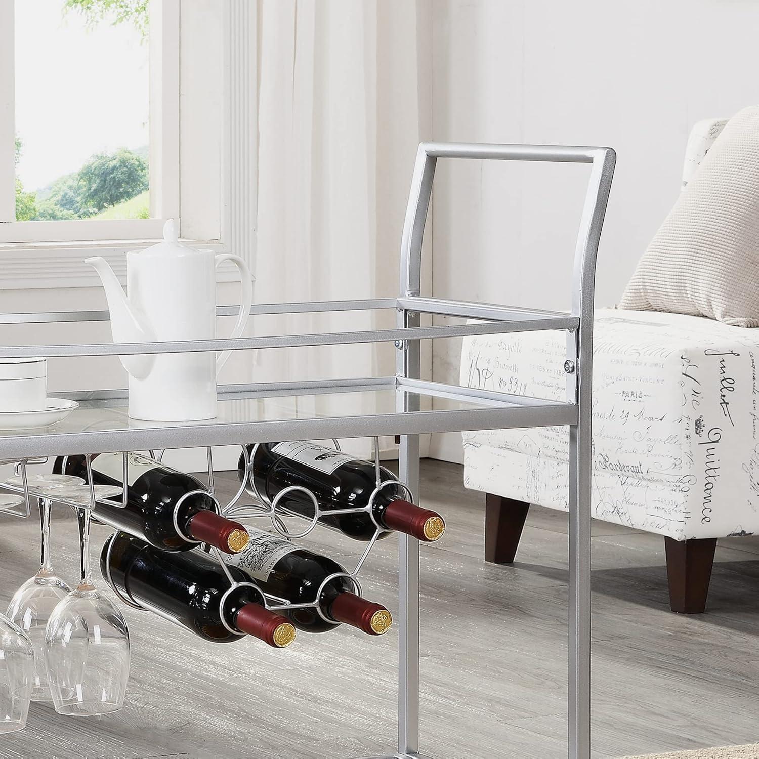 Silver Metal and Glass Bar Cart with Wine Rack