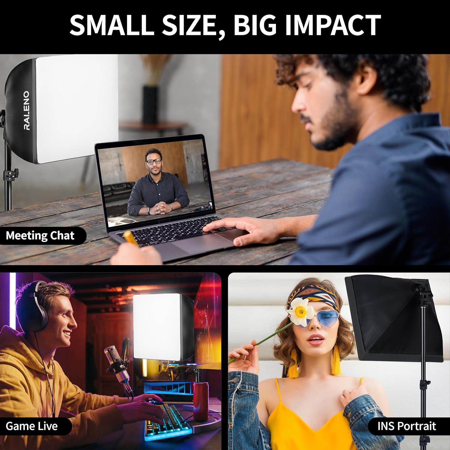 RALENO Softbox Photography Lighting Kit, 16'' x 16'' Softbox Lighting for TikTok with LED Bulb (50W | 5500K | 97 CRI | TLCI≥97), Continuous Lighting for Video Recording & Photography Shooting