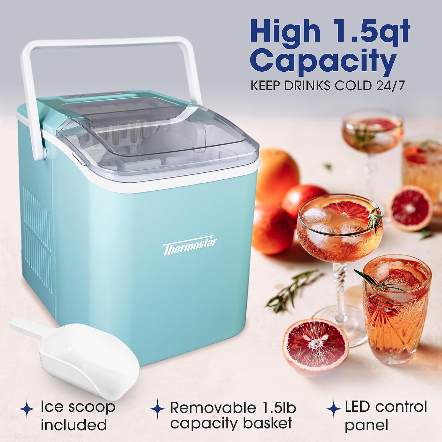 Thermostar TSICEBHNSC26AQ 26-Pound Automatic Self-Cleaning Portable Countertop Ice Maker Machine With Handle, Aqua