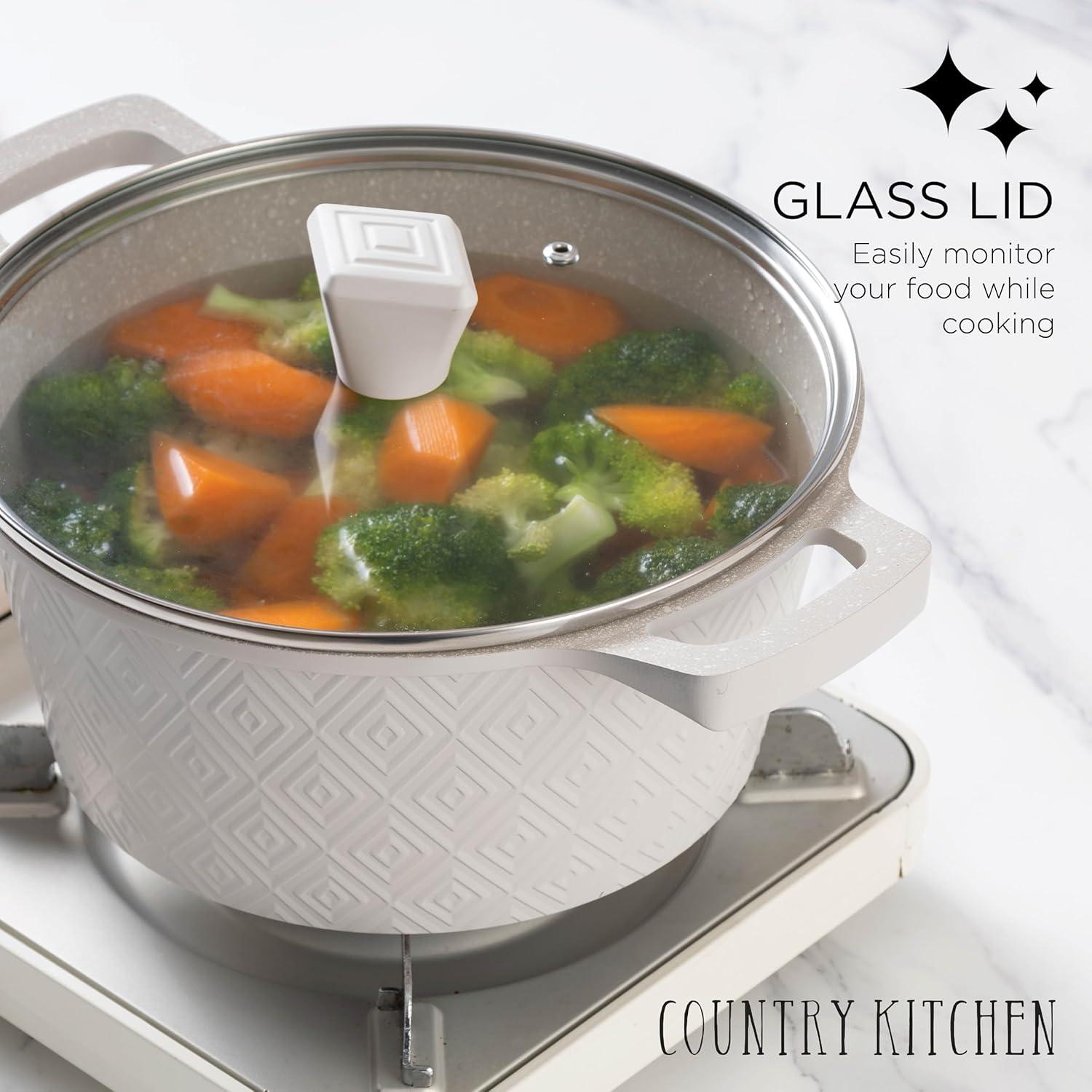 Country Kitchen 11-Pc Cast Aluminum Cookware Set Non Stick Pots and Pan Set, Cream Diamond