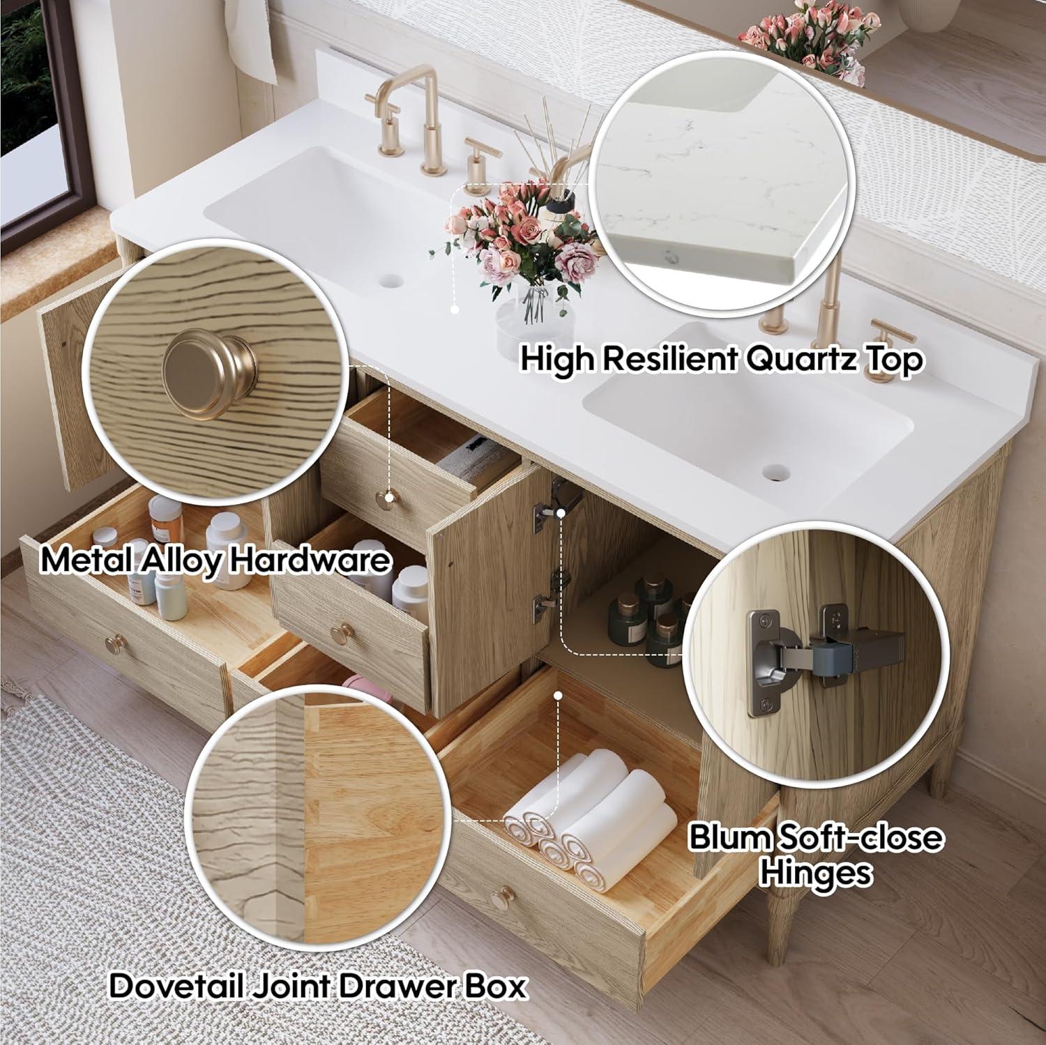 Wellfor 60 Inch Bathroom Vanity with Double Sinks, Freestanding Solid Wood Barhroom Sink vanity, Carrera White Marble Countertop, Bathroom Vanity Storage Organizer with 4 Doors and 5 Drawers, Oak Wood