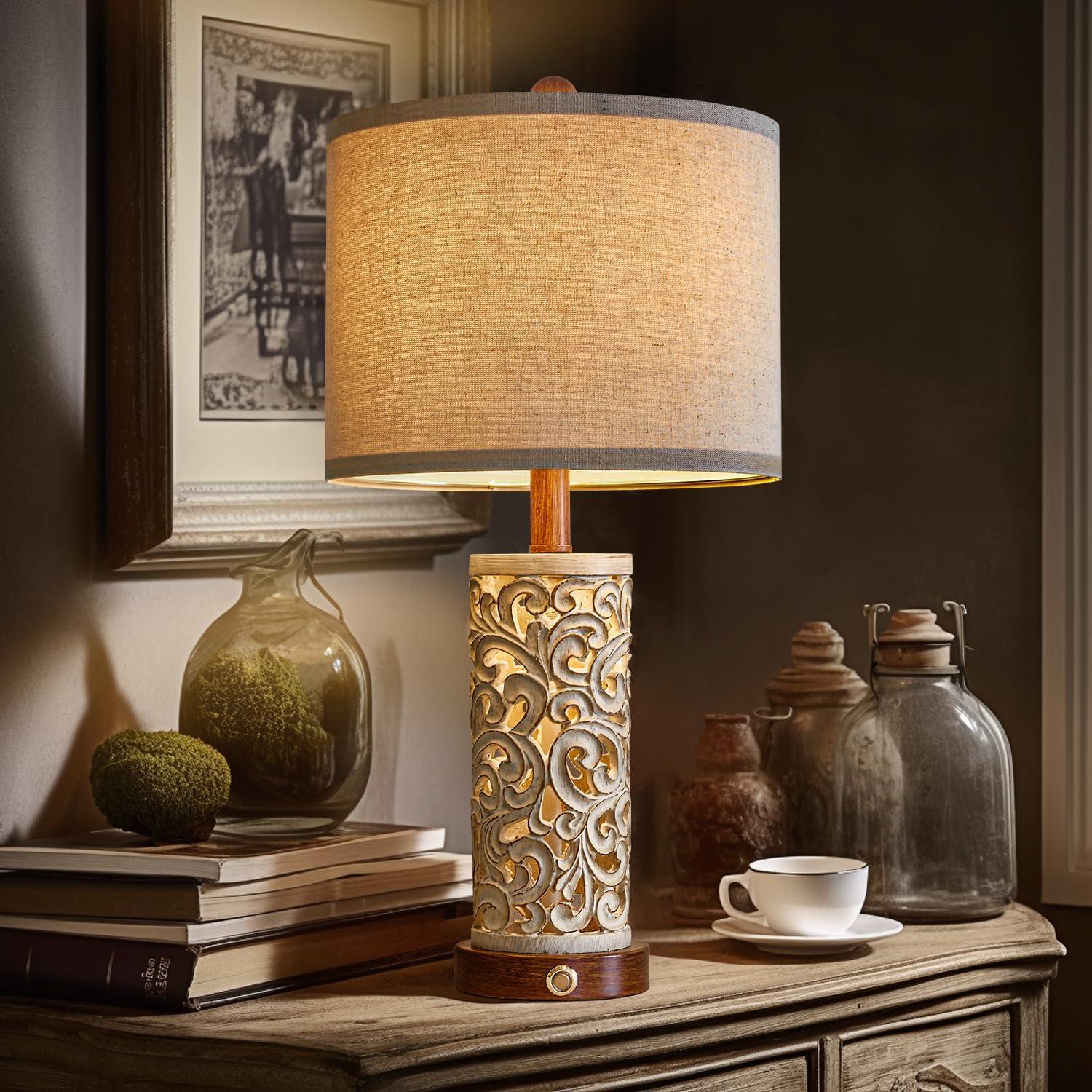 Ophelia & Co. 3-Way Dimmable 22'' Table Lamp Set Of 2 For Living Room Bedroom Farmhouse Vintage Retro Bedside Lamps Touch Control With USB Ports Linen Shade For Home Office (Wash, Bulb Included)