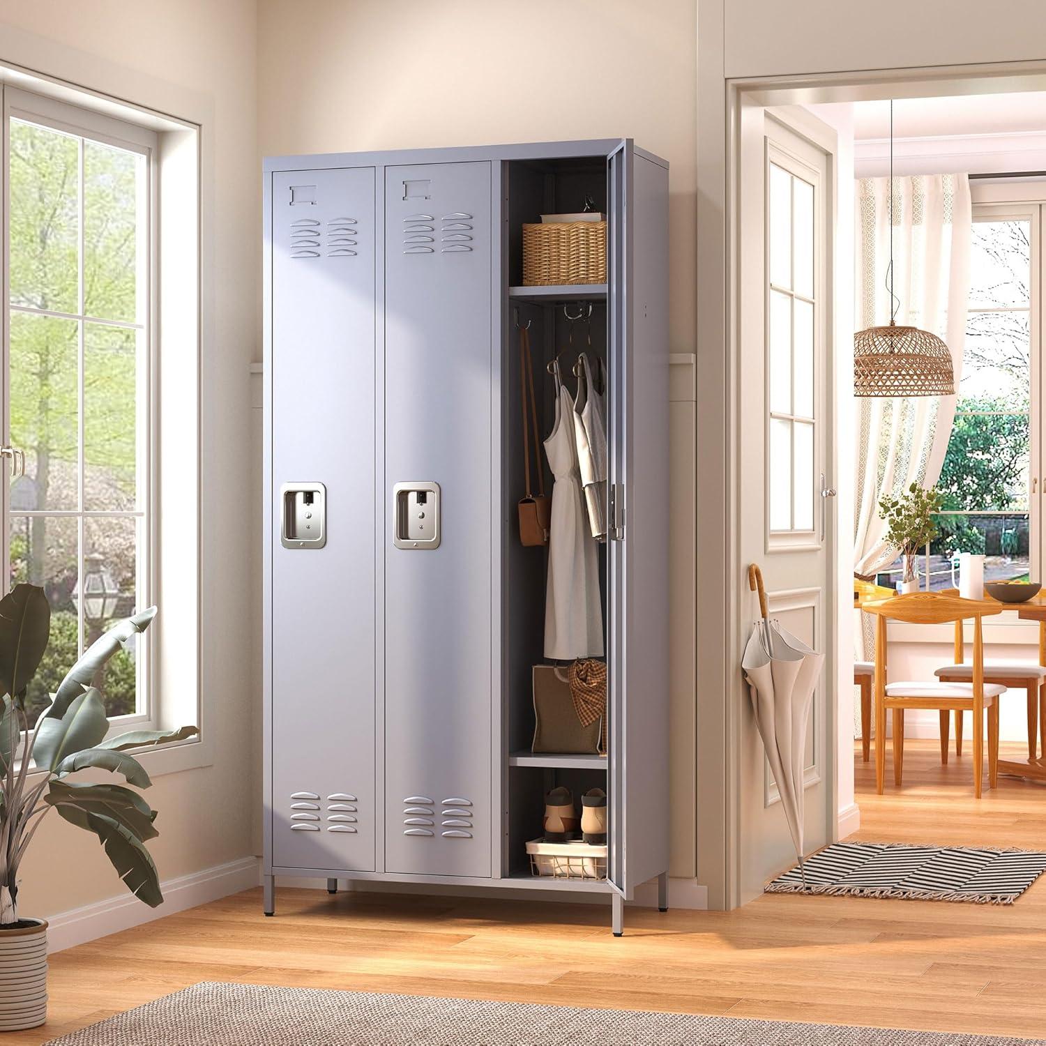 GangMei 72 inches 3 Doors Metal Storage Locker for Employees，Large Steel Combination Locker Cabinet for Gym, Living Room, School , Office with Locking Doors(Light Gray)