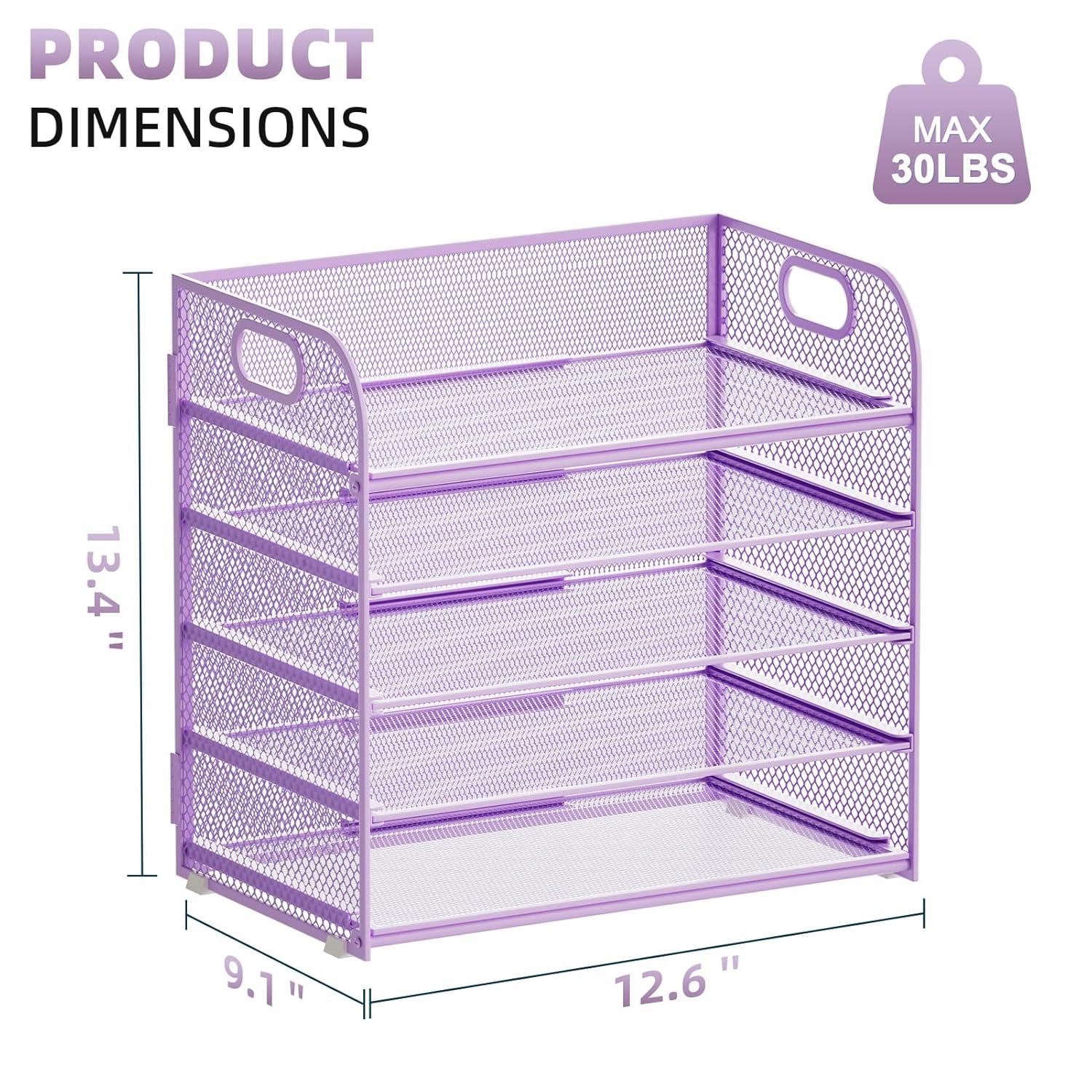 Marbrasse Paper Organizer Letter Tray, 5 Tier Mesh File Organizer with Handle, Paper Sorter Desk Organizer for Home Office Supplies - Purple