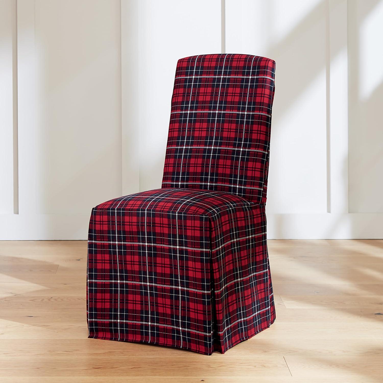 Red Plaid Cotton Canvas Long Dining Chair Slipcovers, Set of 2