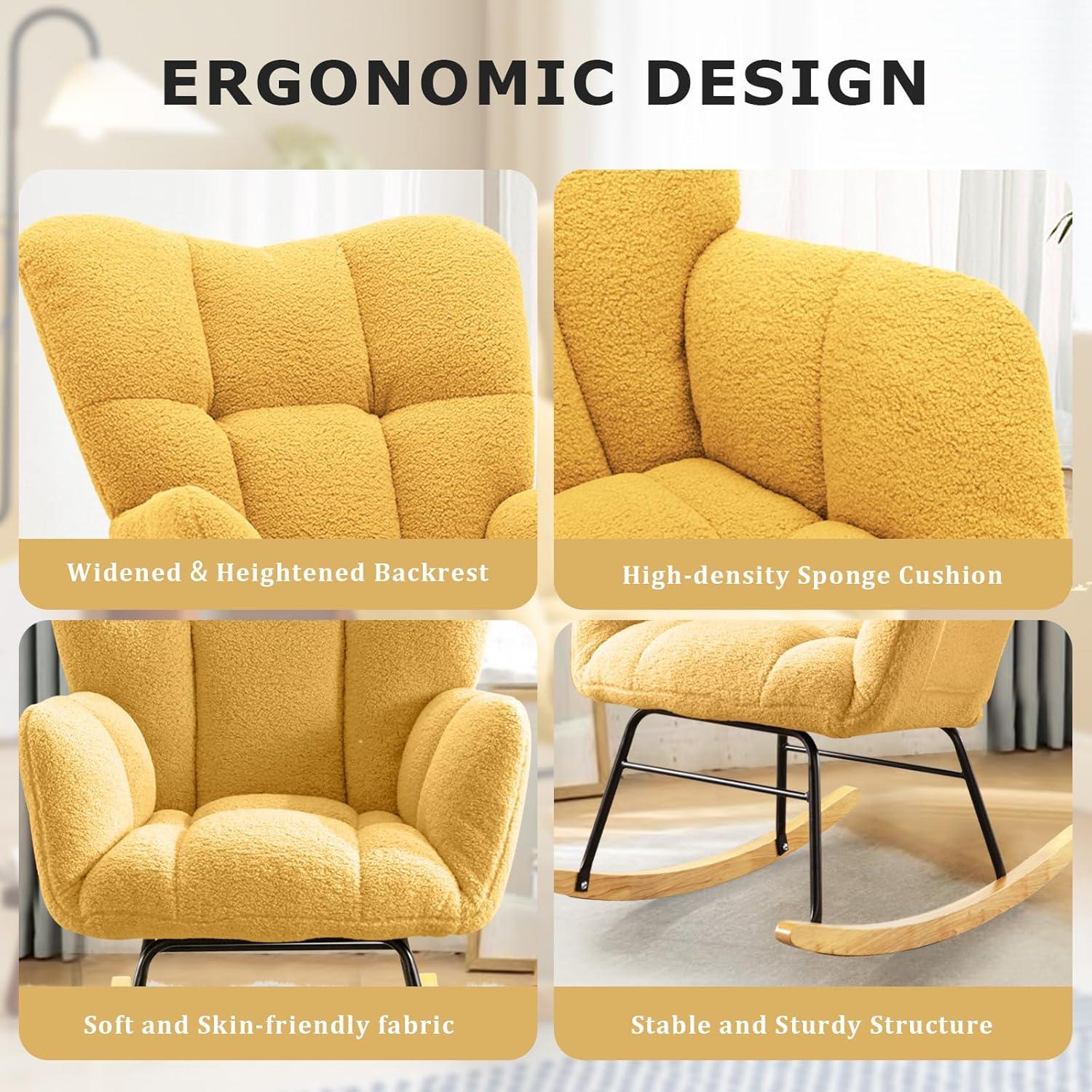 Nursery Rocking Chair Teddy, Upholstered Glider Rocker with High Backrest, Comfortable Stylish Accent Armchair with Padded Seat for Living Rooms, Bedrooms, Offices