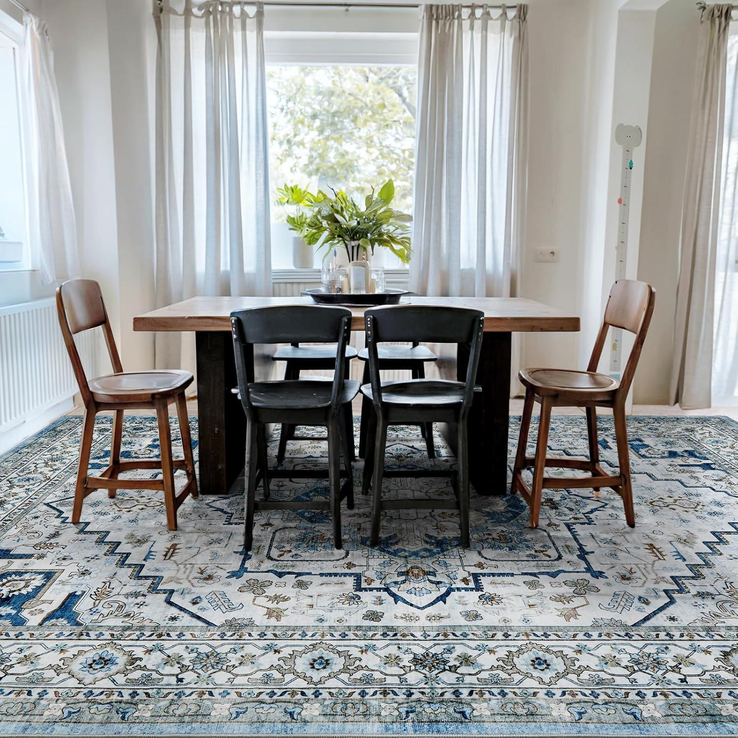 GlowSol 8x10 Floral Area Rug for Living Room Bedroom Retro Distressed Area Rug Traditional Medallion Non-Slip Low Pile Carpet Floor Decoration, Blue
