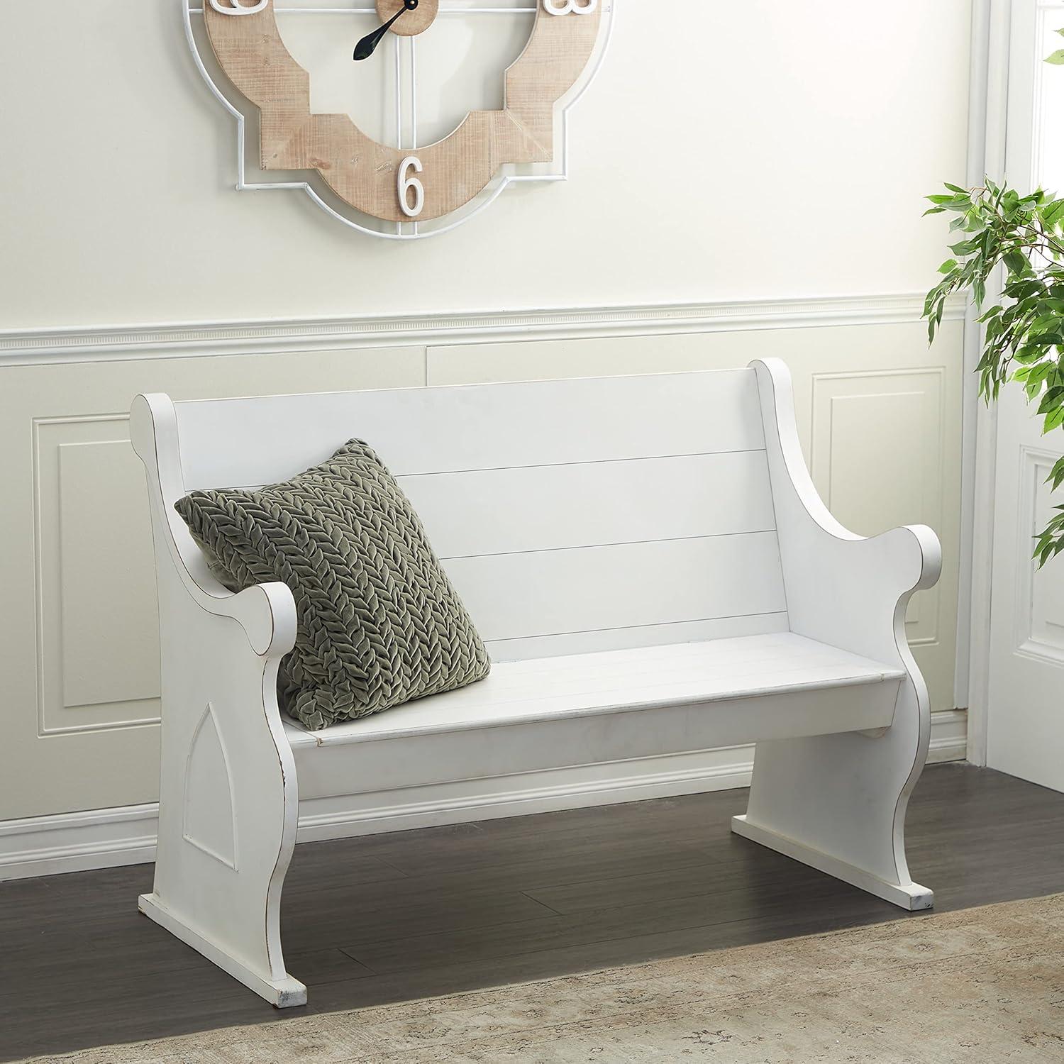 Classic White Wood Storage Bench with Scrolled Armrests, 50" x 36"