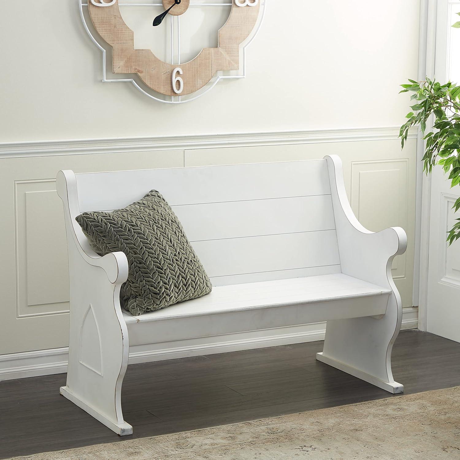 DecMode Wood Storage Bench with Scrolled Armrests, White