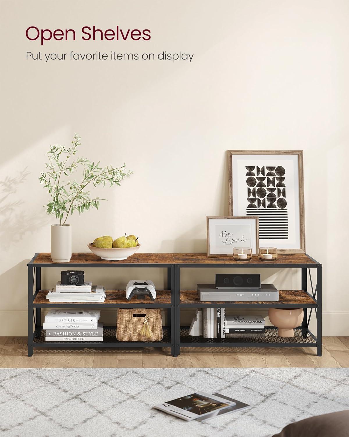 Rustic Brown and Black Steel Frame TV Stand with Shelves