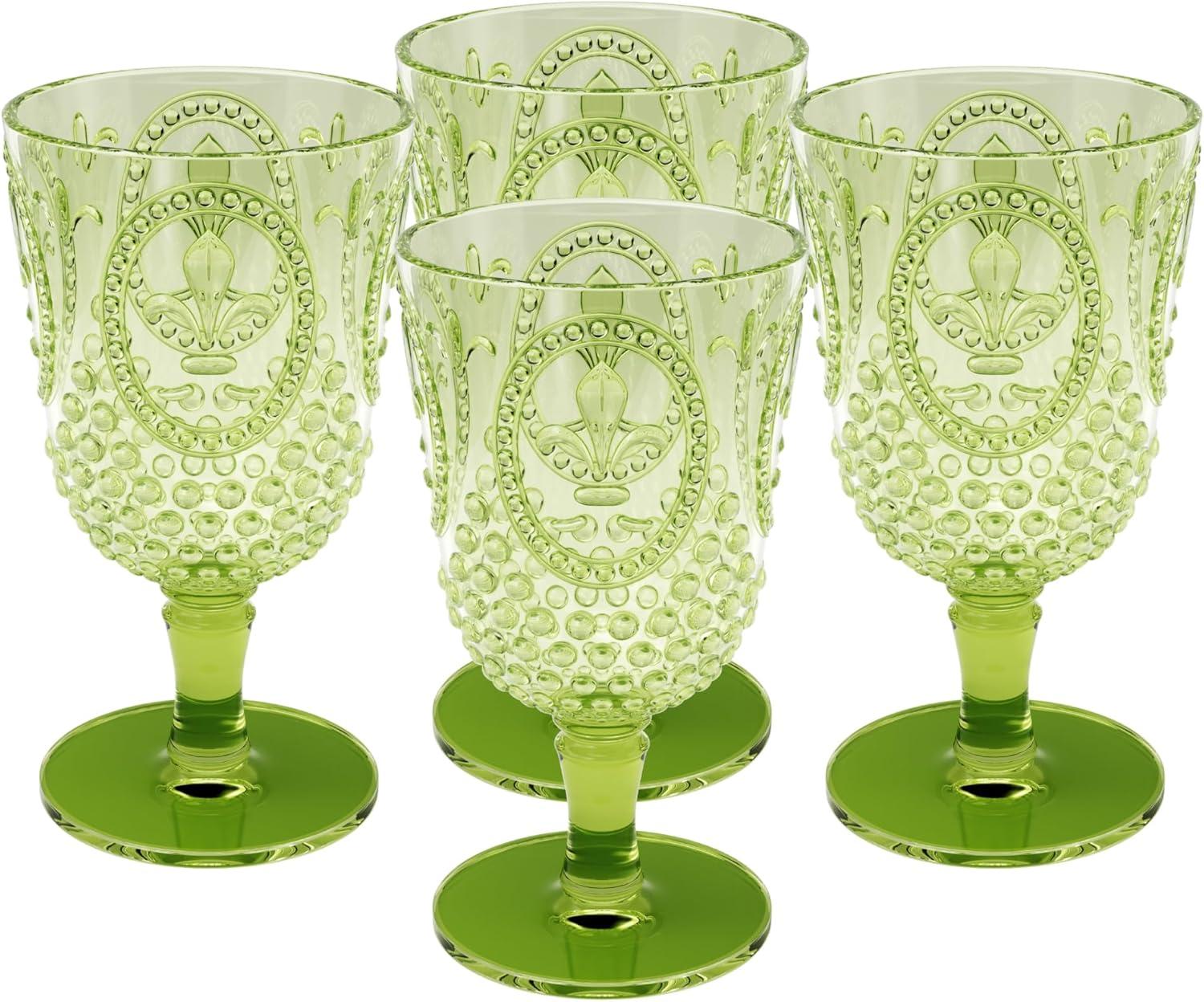 Green 15-Ounce Acrylic Fleur de Lis Wine Goblets, Set of 4