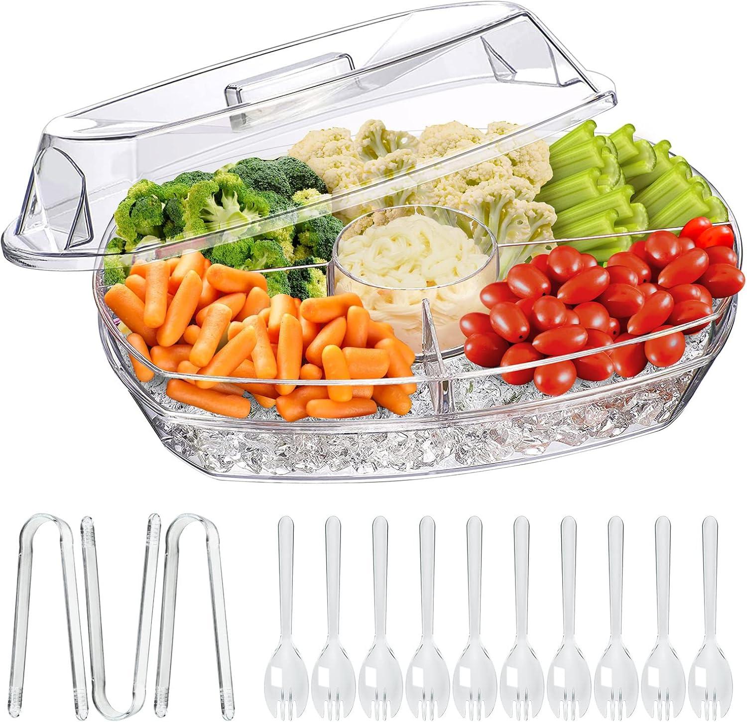 Chilled Veggie Tray, 15 Inch Clear Party Platter with 4 Compartments