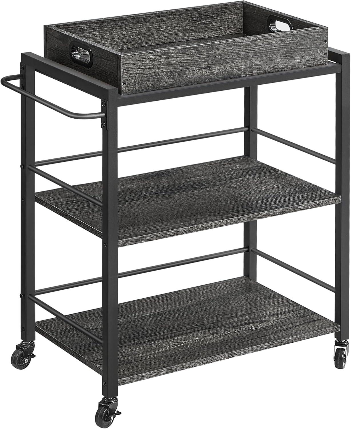 VASAGLE 3-Tier Bar Cart, Home Serving Cart with Removable Tray and Storage Shelves, Gray and Black