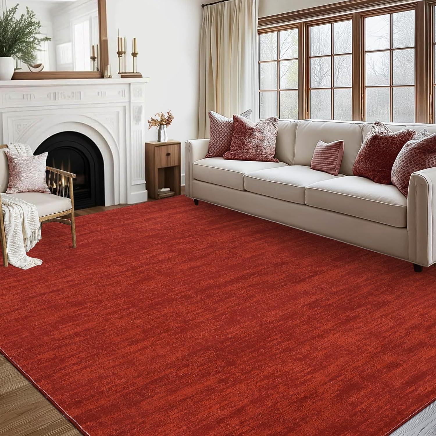 Garvee 9' x 12' Large Machine Washable Area Rug Modern Solid Rug Non-Slip Low-Pile Contemporary Indoor Area Rug for Home Office Bedroom, Red