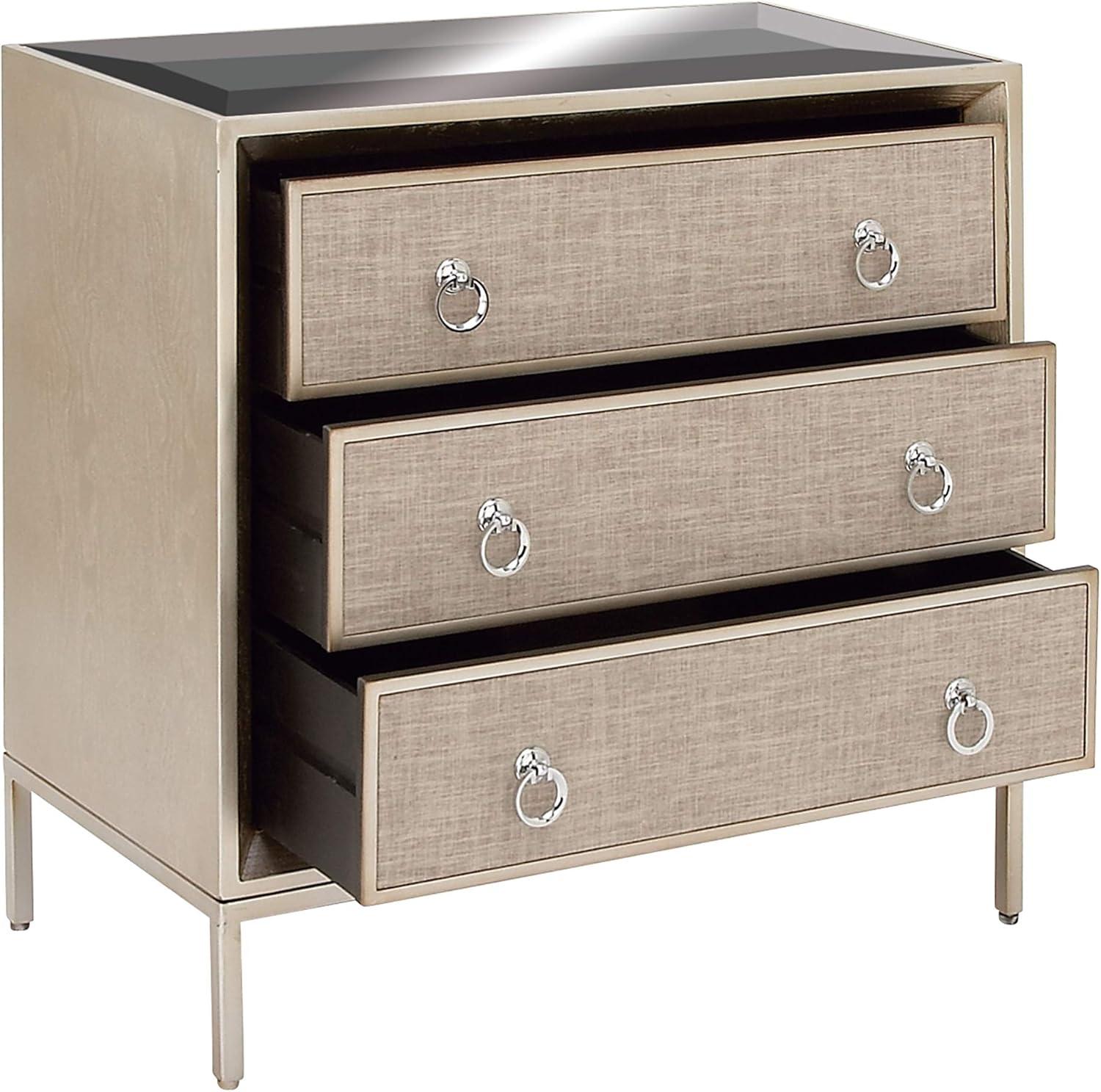 Imboden Wooden Upholstered Front Panel 3 Drawer Room Chest with Mirrored Top and Ring Handles