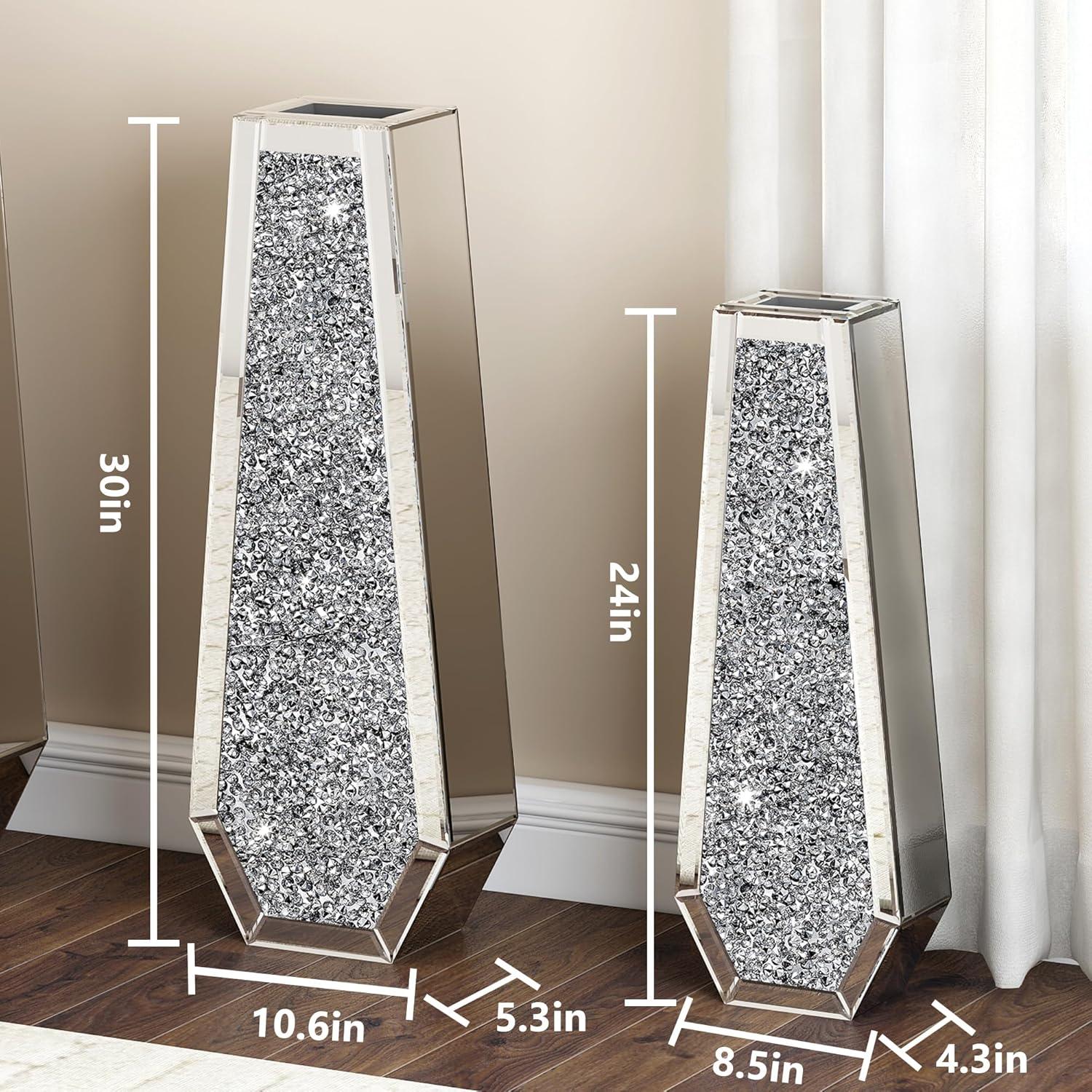30" Tall Silver Glass Floor Vase with Crushed Diamond Mirror