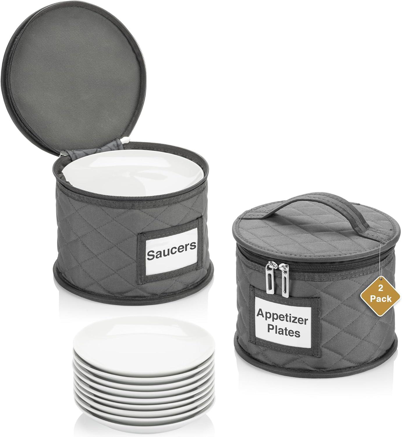 6" Small Plate Storage Case - China Storage Container - Stackable With Padded Interior to Store your Dinnerware Dishes - 12 Felt Dividers Included - Gray - Great for Saucers and Small Bowls