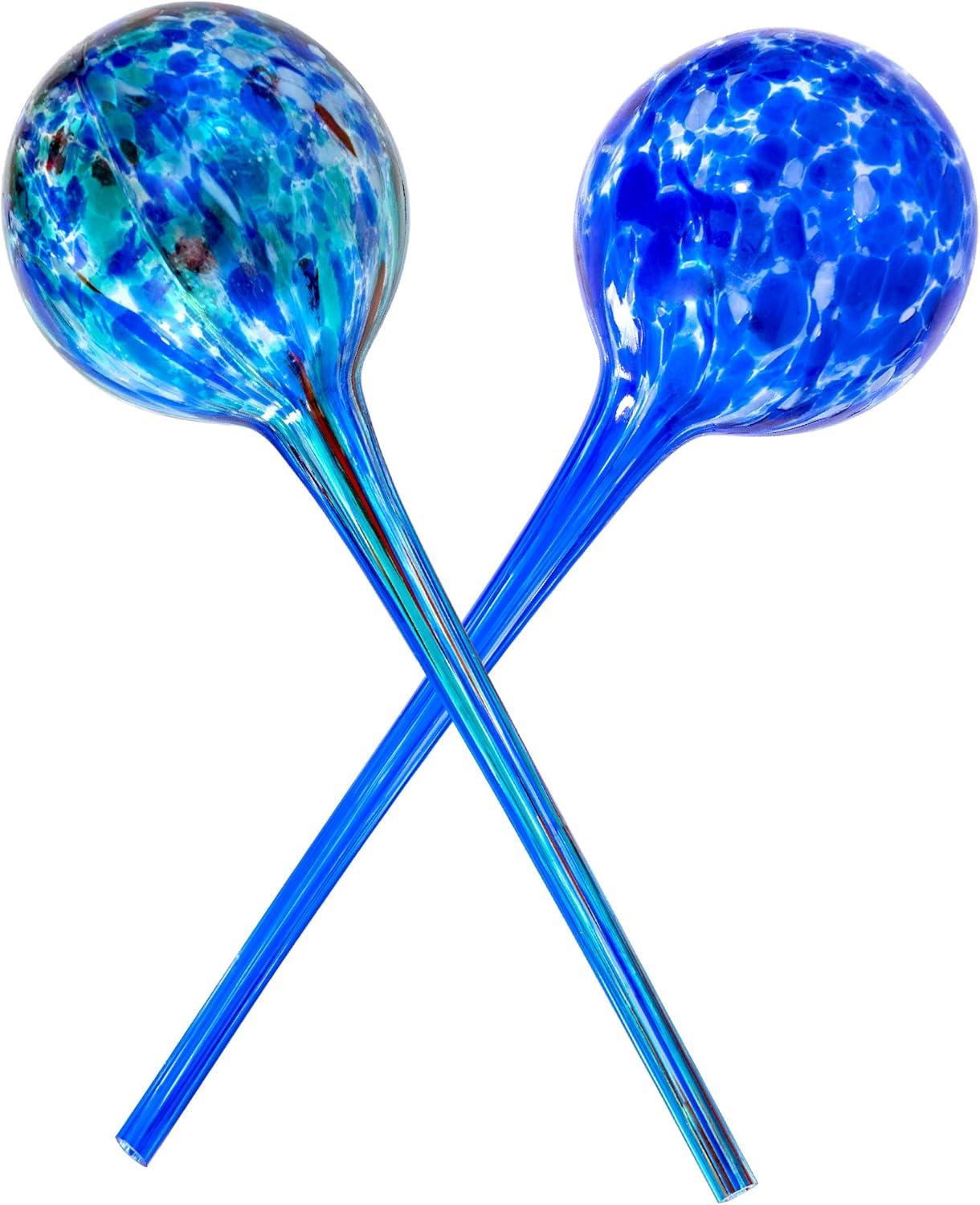 Hand-Blown Blue and Green Glass Plant Watering Globes, 2-Pack