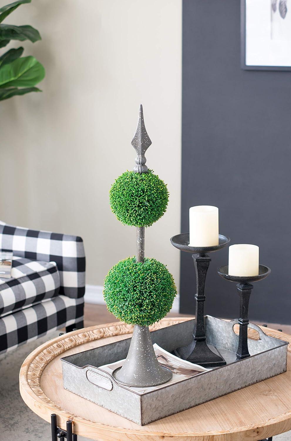A&B Home Boxwood Ball Topiary with Metal Finial Stand Double Sphere 26 Inch Tall Indoor Outdoor House Decoration