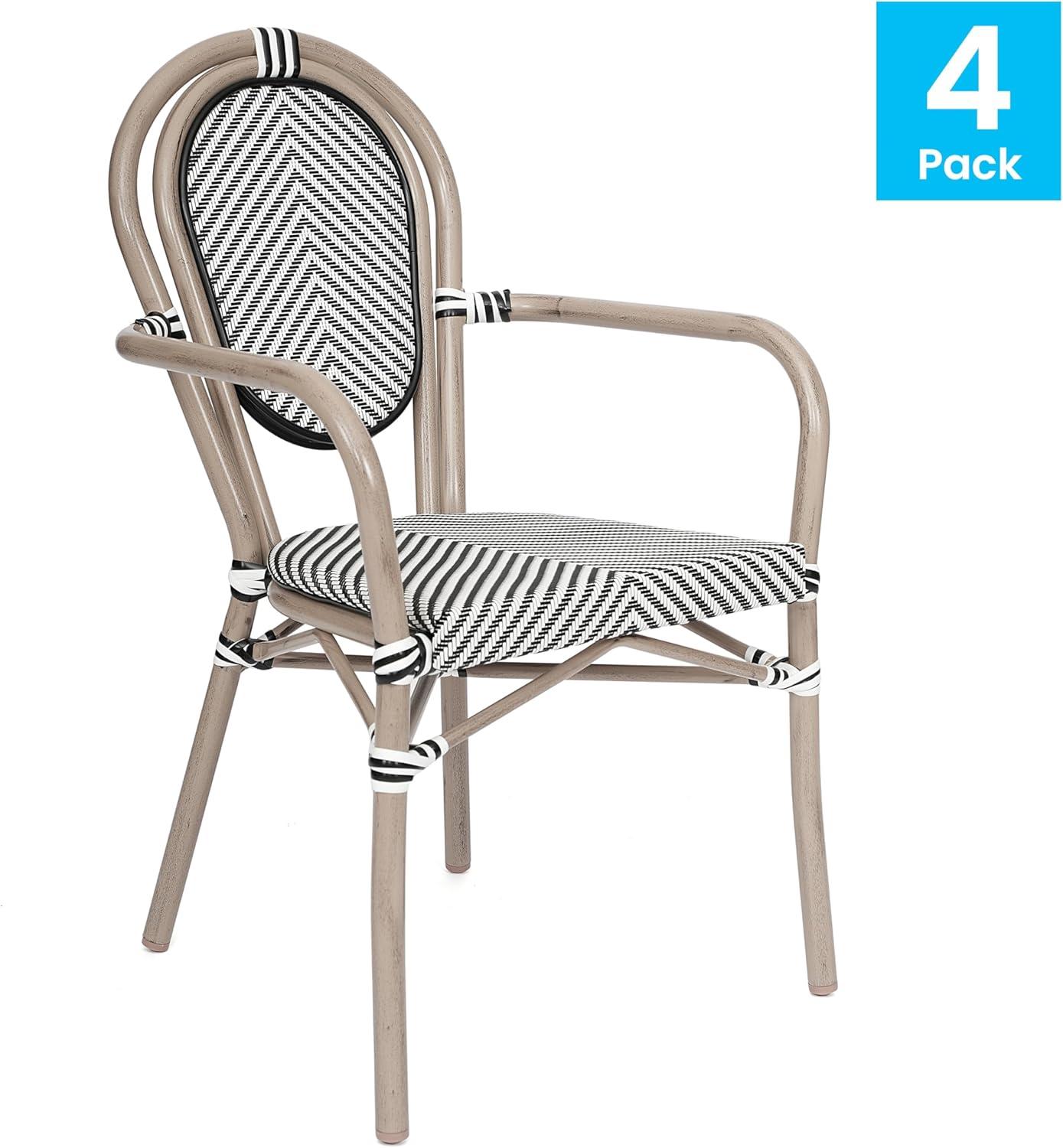 Merrick Lane Mael Set of Four Stacking Thonet Bistro Style Chair with Arms, Textilene Seat, and Bamboo Finished Metal Frame for Indoor/Outdoor Use