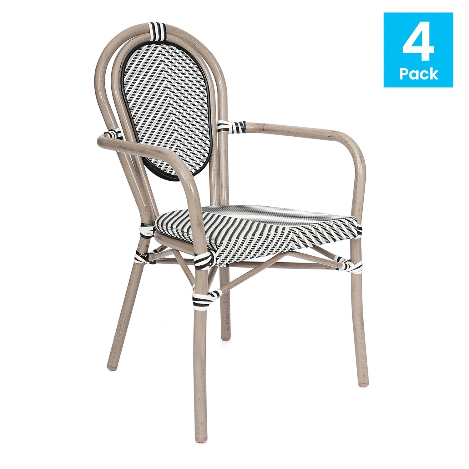 Merrick Lane Mael Set of Four Stacking Thonet Bistro Style Chair with Arms, Black & White Textilene Seat, & Bamboo Metal Frame for Indoor/Outdoor Use