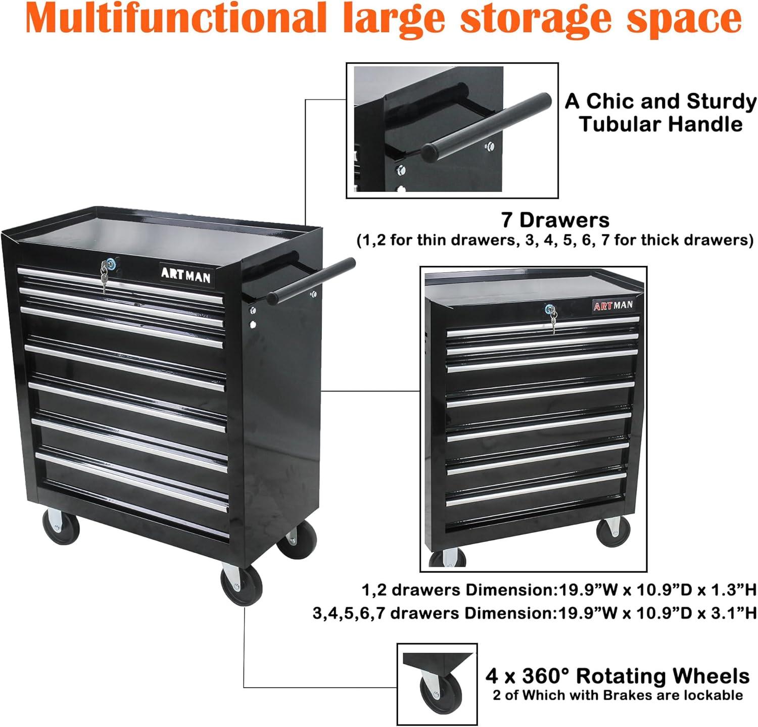 7 Drawer Tool Cart on Wheels, Tool Storage Cabinet with Key Lock, Versatile Rolling Tool Cart for Garages, Warehouses and Repair Shops, Black