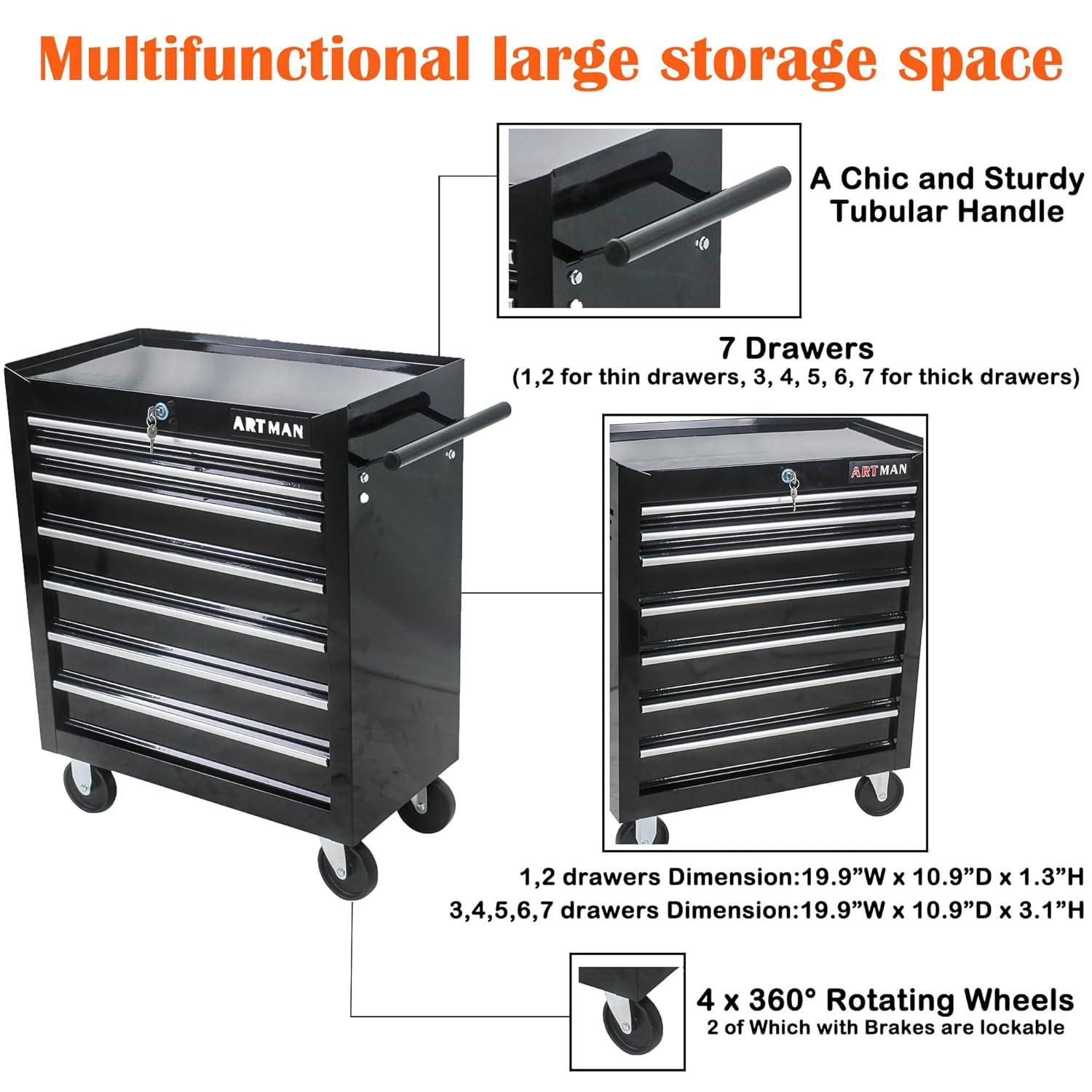 7 Drawer Tool Cart on Wheels, Tool Storage Cabinet with Key Lock, Versatile Rolling Tool Cart for Garages, Warehouses and Repair Shops, Black