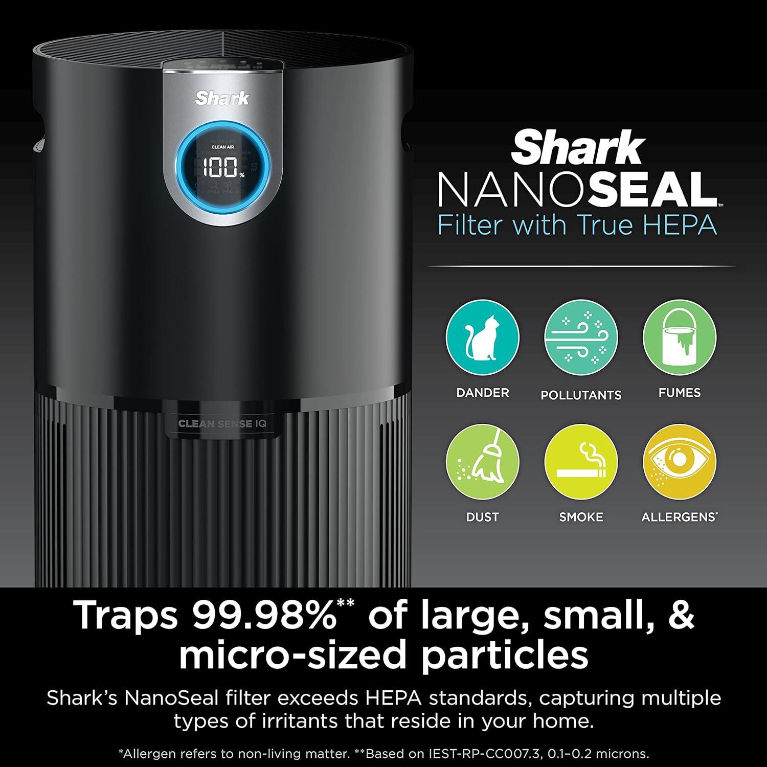 Shark Air Purifier MAX with True NanoSeal HEPA, Cleansense IQ, Odor Lock, Cleans up to 1200 Sq. Ft, Charcoal Gray, HP202: Programmable Timer