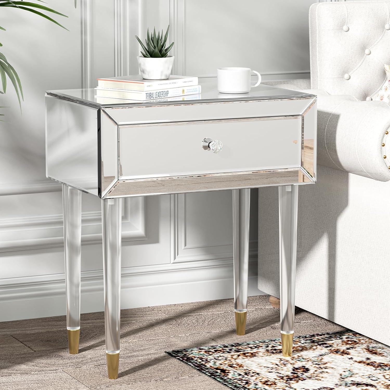 Mirrored Nightstand, Modern End Table with Drawer, Bedside Tables with Acrylic Legs for Bedroom, Living Room, Silver