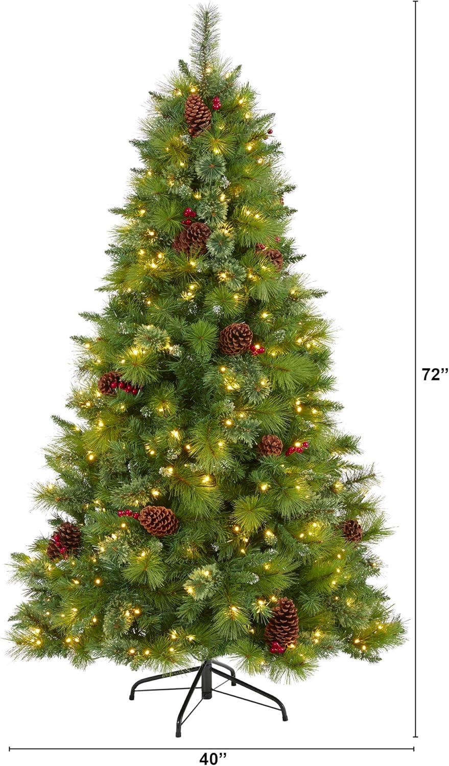 Nearly Natural 6ft. Montana Mixed Pine Artificial Christmas Tree with Pine Cones, Berries and 350 Clear LED Lights