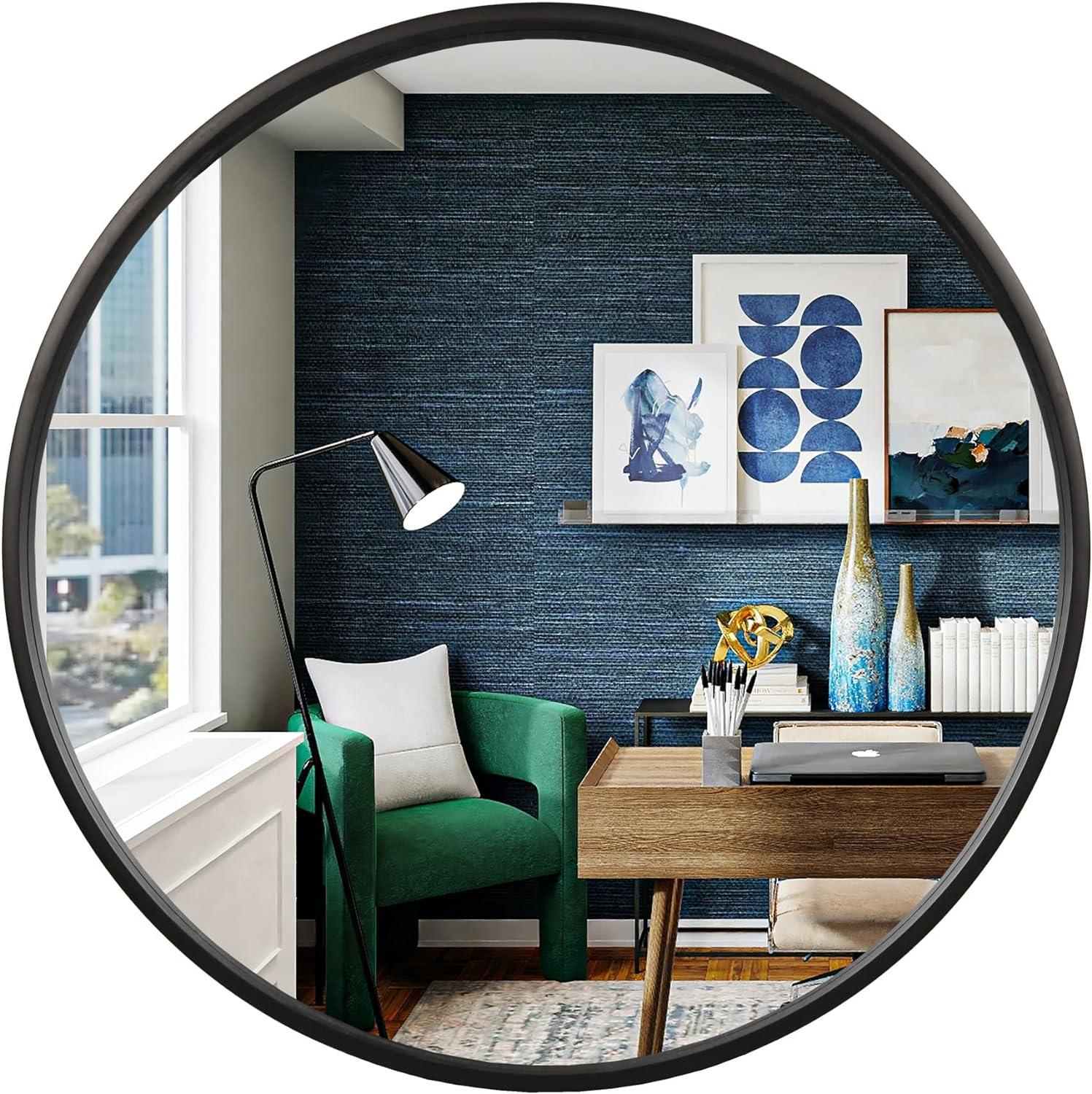 Satin Black Round Pine Wood Wall Mirror, 24-inch