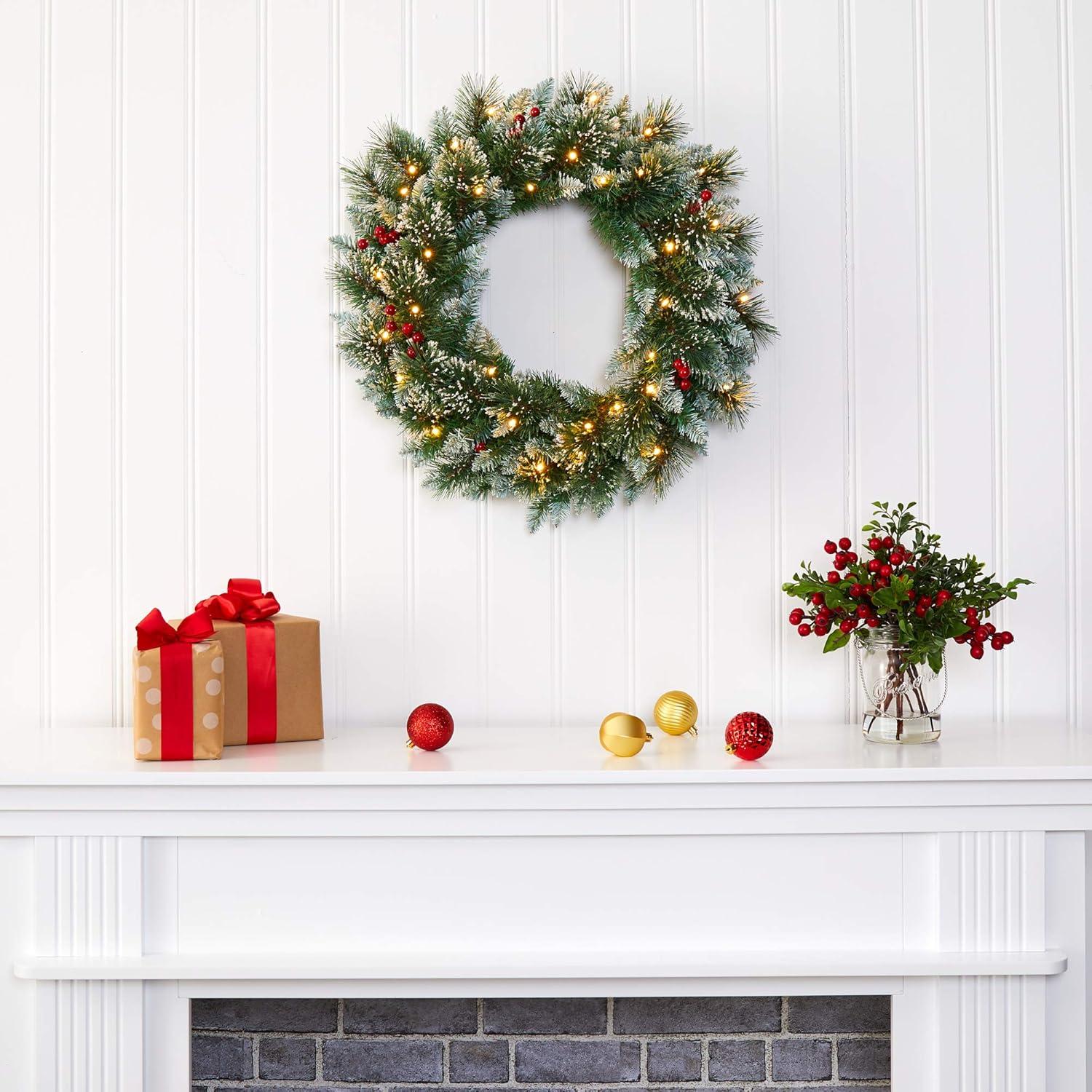 24 in. Pre-Lit Frosted Swiss Pine Artificial Wreath with 35 Clear LED Lights and Berries