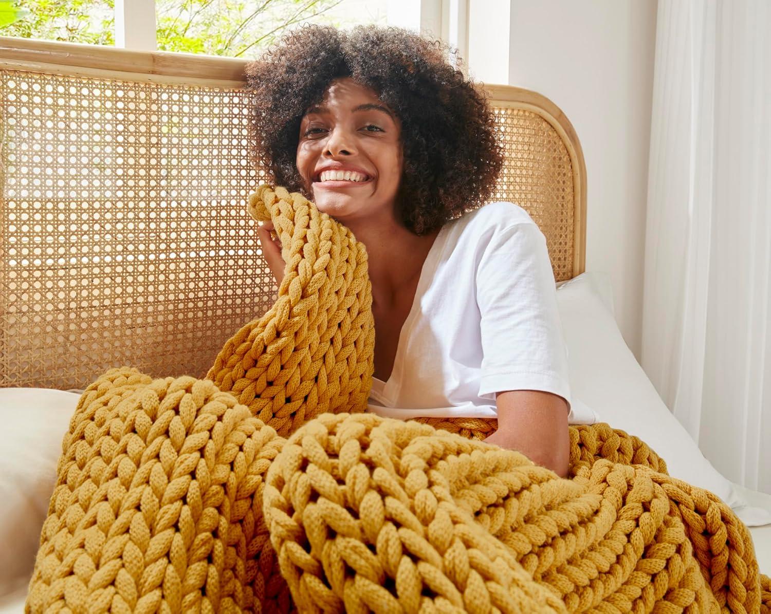 50"x60" Chunky Double Knit Handmade Throw Blanket Yellow - Madison Park: Cozy, Durable, All-Season