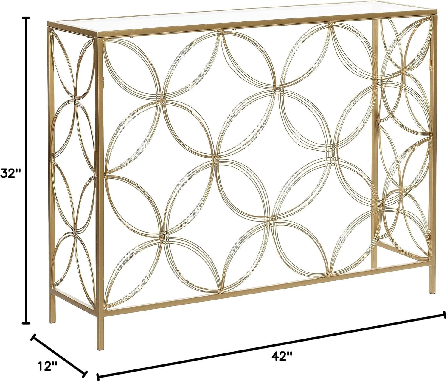 DecMode 42" x 32" Gold Metal Open Style Quatrefoil Frame Geometric Console Table with Mirrored Top, 1-Piece