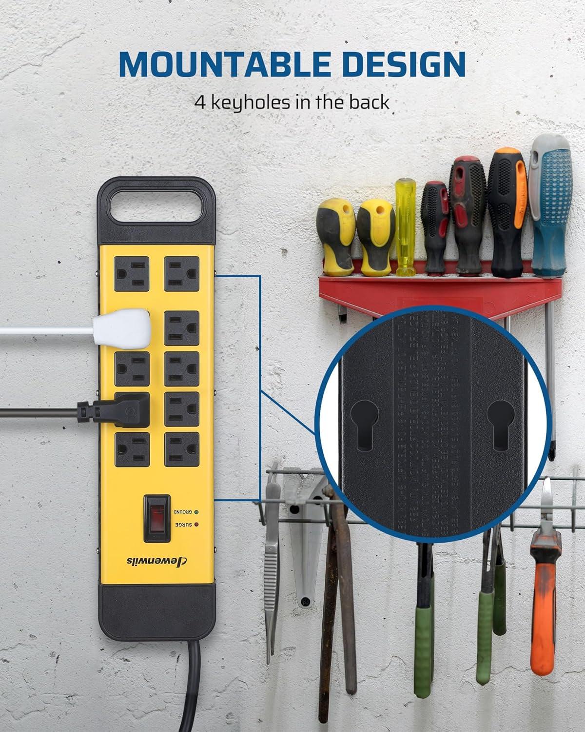 DEWENWILS 10 Outlets Heavy Duty Metal Surge Protector Power Strip with 15ft Long Cord, Flat Plug, 1440Joules