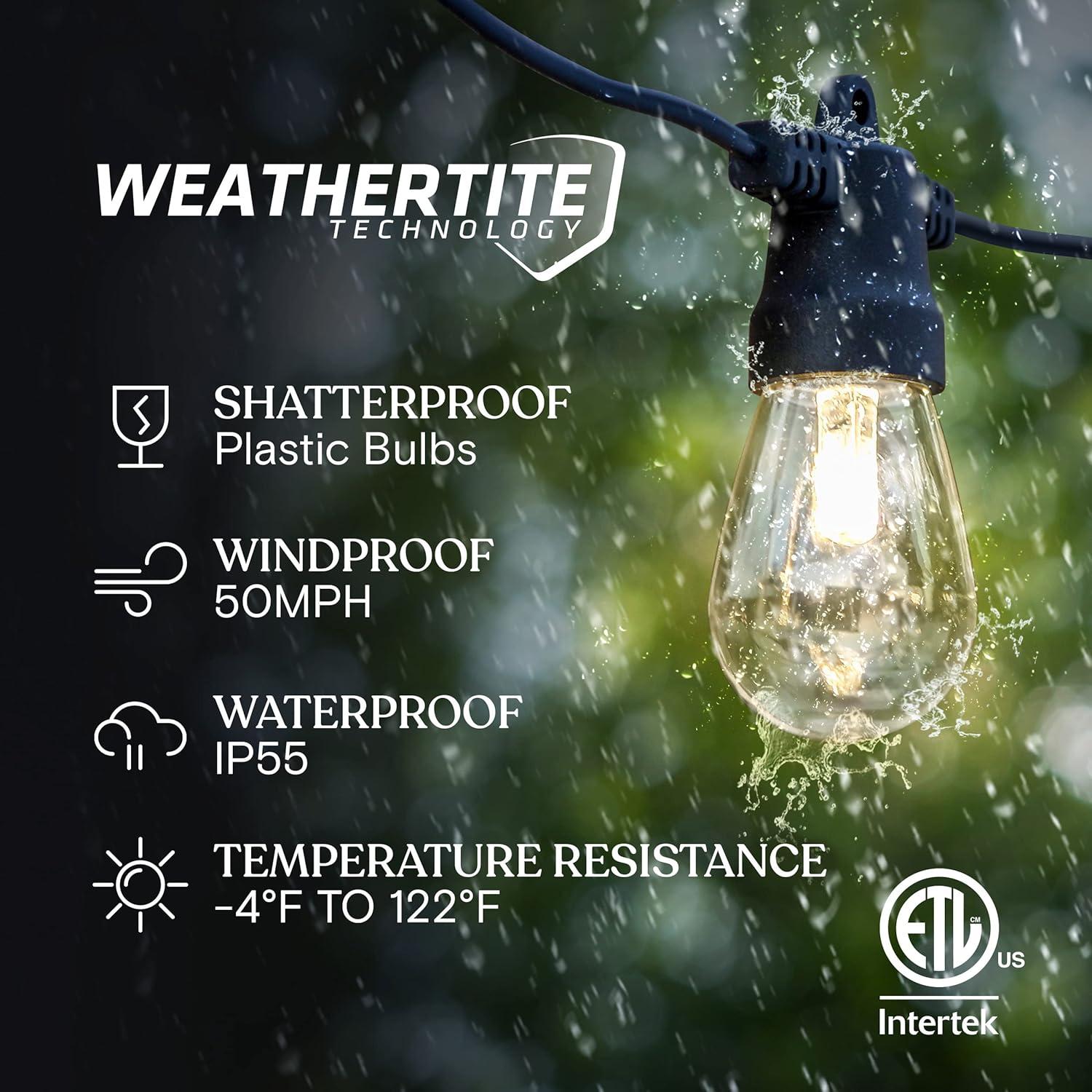 Yi Lighting 48ft Solar-Powered Outdoor String Lights with 15 LED Bulbs Weatherproof for Patio, Porch, Deck, Party Garden