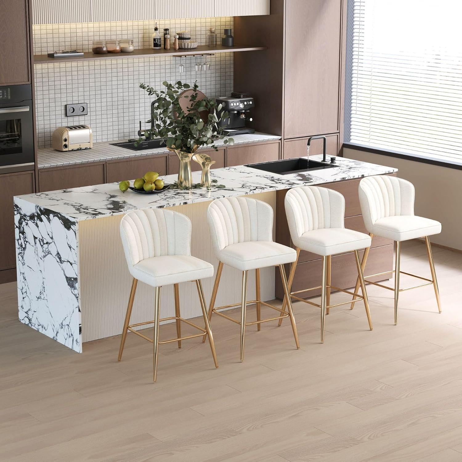 Counter Height Stools Set of 2, Velvet Bar Stools with 27 Inches Upholstered Seat Height, Handmade Woven Back Armrest, Sturdy Golden Metal Legs for Home Dining Pub Kitchen Island, Beige