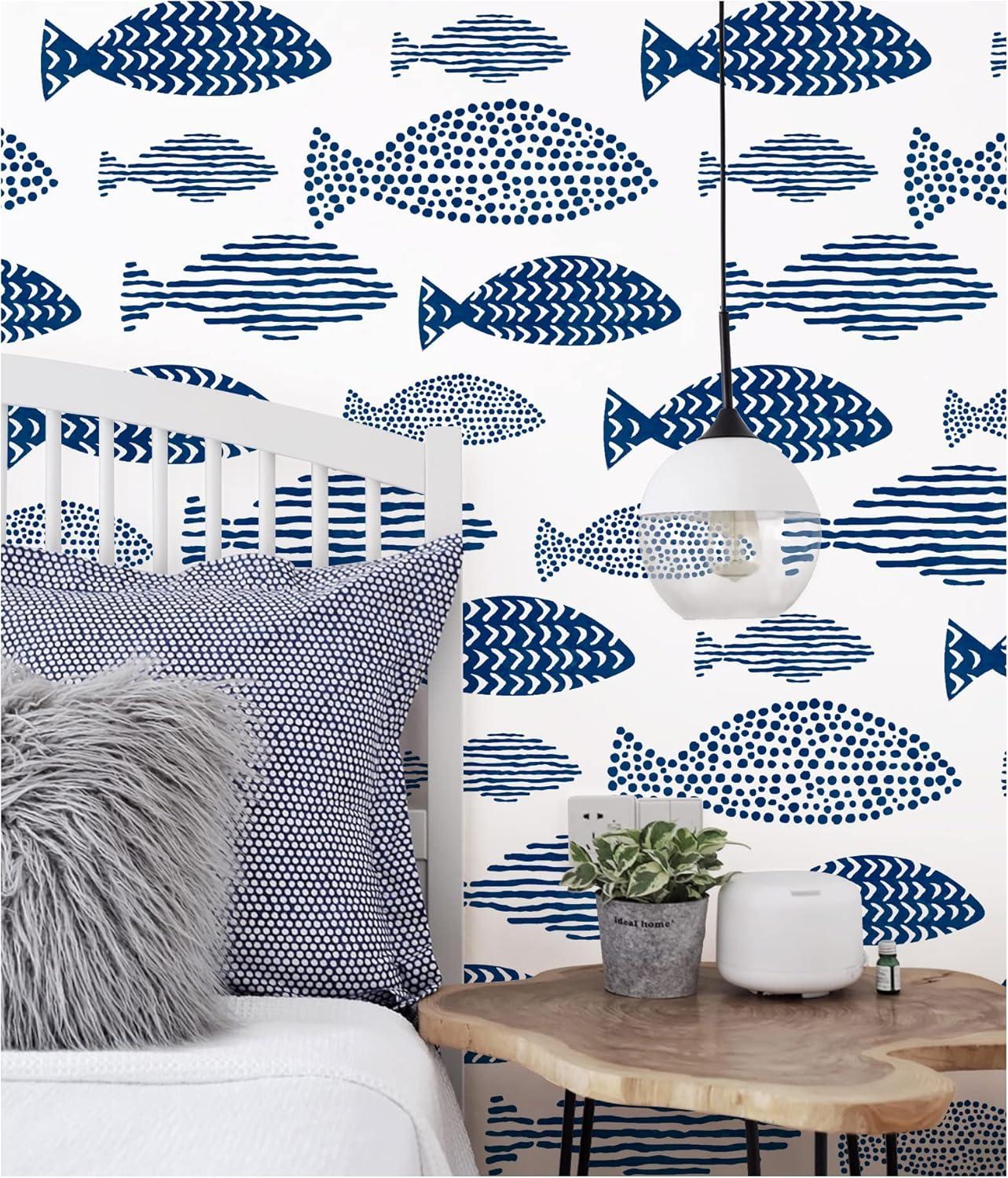HAOKHOME Peel and Stick Wallpaper Coastal Fish Abstract Underwater World Trellis Navy Blue Removable Contact Paper for Home Bathroom Decorations 17.7in x 32.8ft