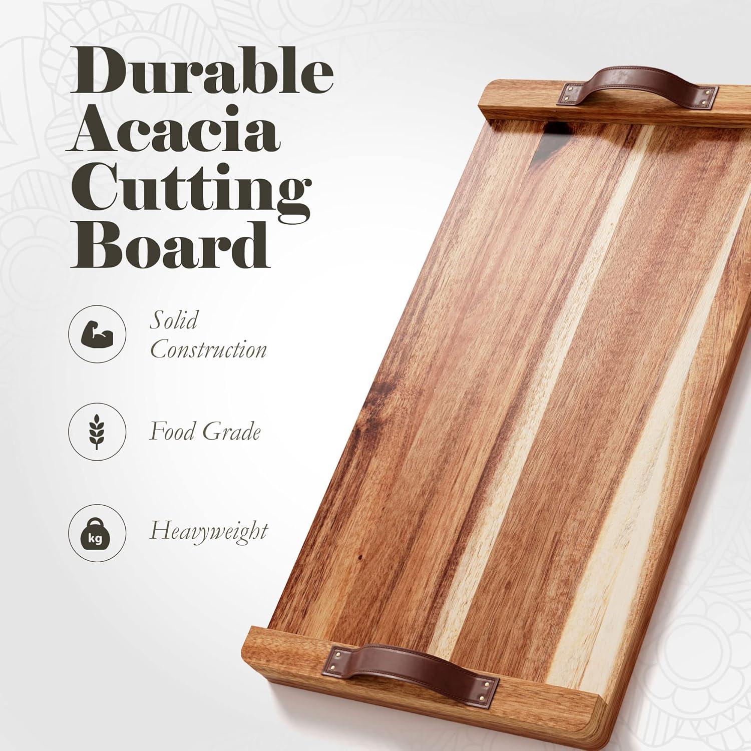 American Atelier Acacia Wood Rectangular Tray with Leather Handles, Serving Platters, Wooden Board for Cheese, Meats, Snack or Charcuterie, 18” x 9”